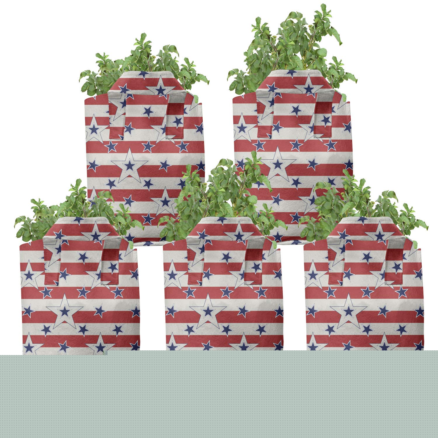 Ambesonne 5-Pack Heavy Duty Geometric Grow Bags with Handles - Stars & Stripes Pattern Fabric Plant Pots for Indoor/Outdoor Gardening (Navy Blue & Coconut Red) - Perfect for Balcony, Patio, and Home Decor