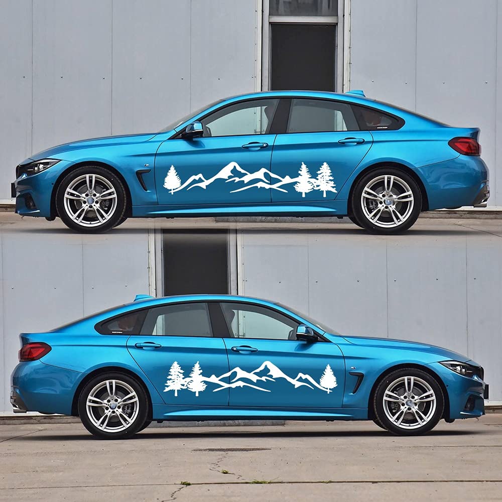 2Pcs Black Mountain Tree Forest Car Side Body Stickers - Custom PVC Graphic Decals for Cars, Trucks & SUVs - Waterproof & Durable Vinyl Decals for Outdoor Adventure & Off-Road Enthusiasts