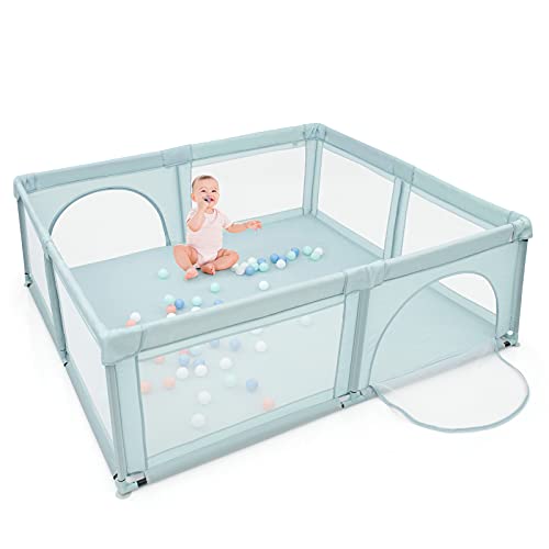INFANS Extra Large Baby Playpen for Toddlers - Breathable Mesh Walls, Anti-Slip Suckers & Safety Gates - Indoor/Outdoor Activity Center (Blue) - Perfect for Playtime, Learning & Safe Exploration at Home or Backyard