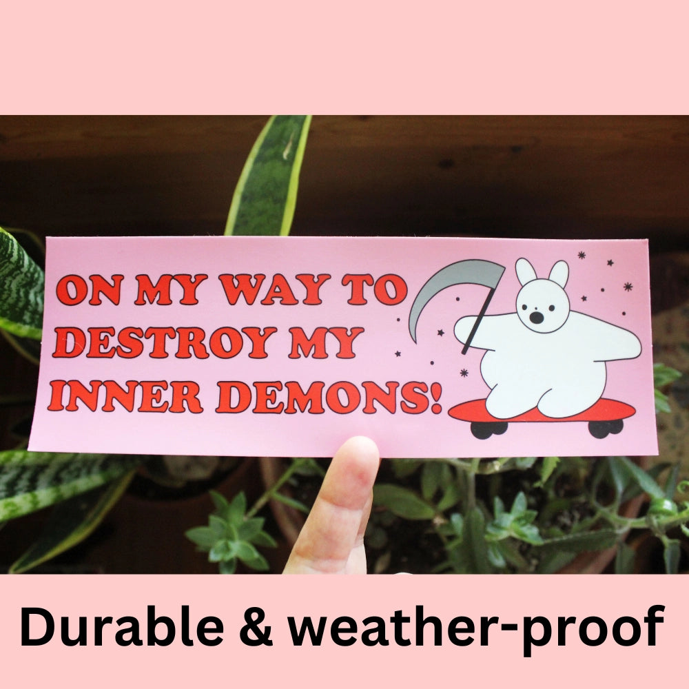 Funny Mental Health Bunny Bumper Sticker - Destroy Inner Demons Car Decal for Laptops, Water Bottles & Vehicles | Motivational Gift for Therapy, Self-Care & Anxiety Relief