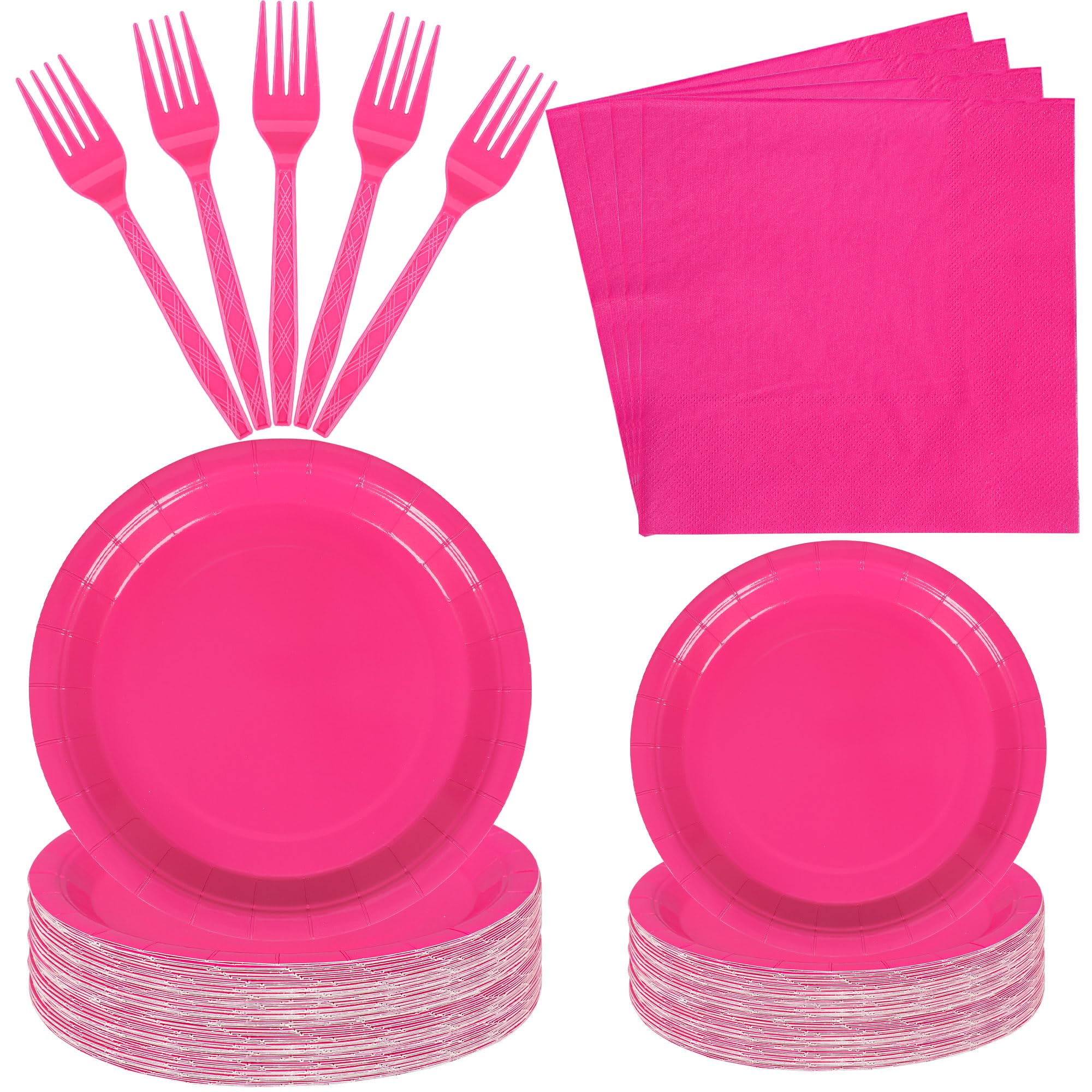 100-Pack Hot Pink Disposable Paper Plates & Napkins Set - Elegant Party Tableware for Weddings, Birthdays, Bridal & Baby Showers - Serves 25 Guests (Perfect for Indoor/Outdoor Celebrations & Themed Events)
