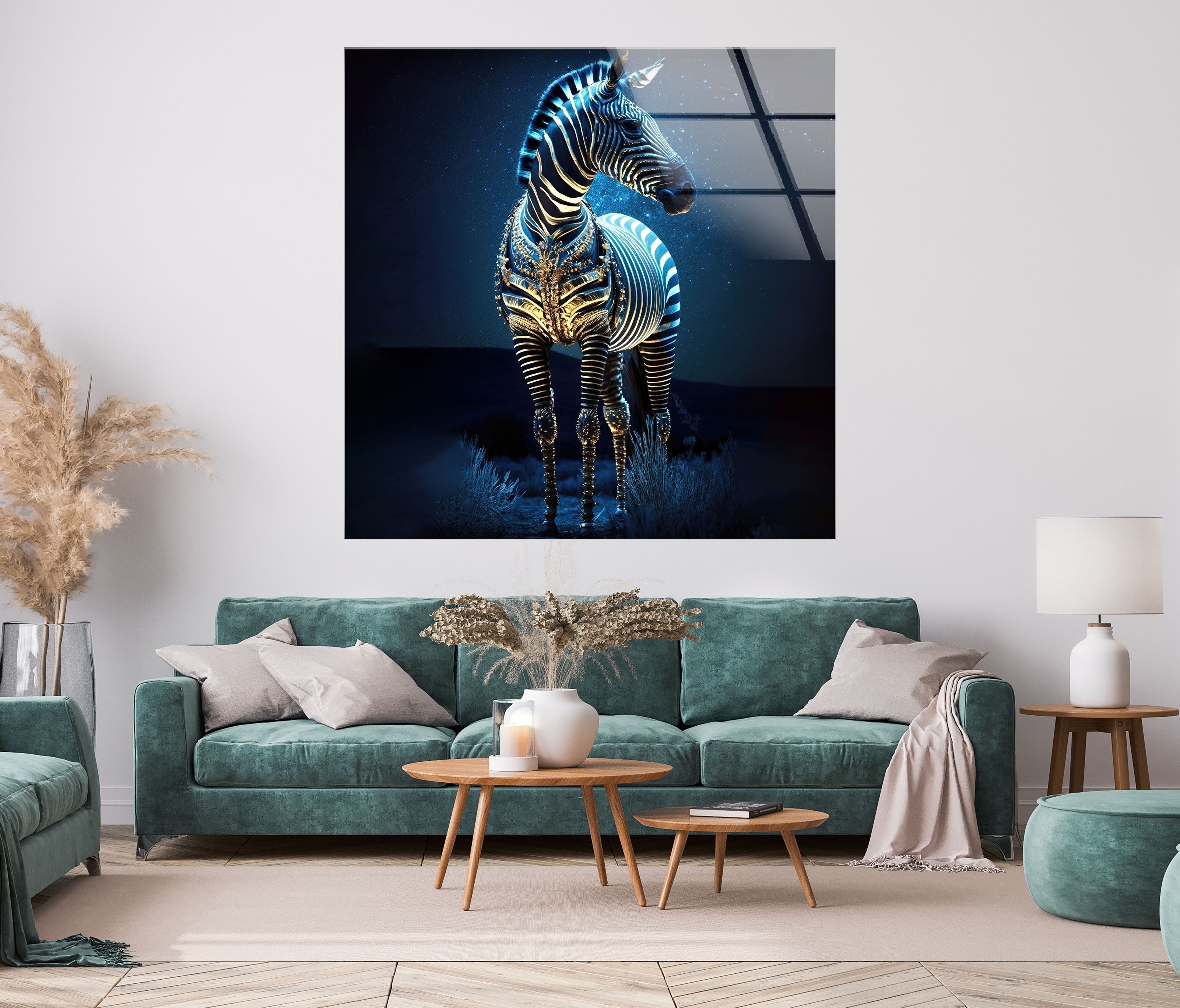 Blue Zebra Glass Wall Art - Modern Home Decor for Living Room, Bedroom & Office - Handmade Glass Painting for Unique Interior Design