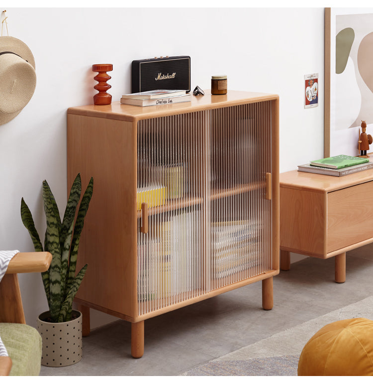 Solid Beech Wood Sliding Door Side Cabinet - Modern Storage Solution for Bedroom, Living Room & Office