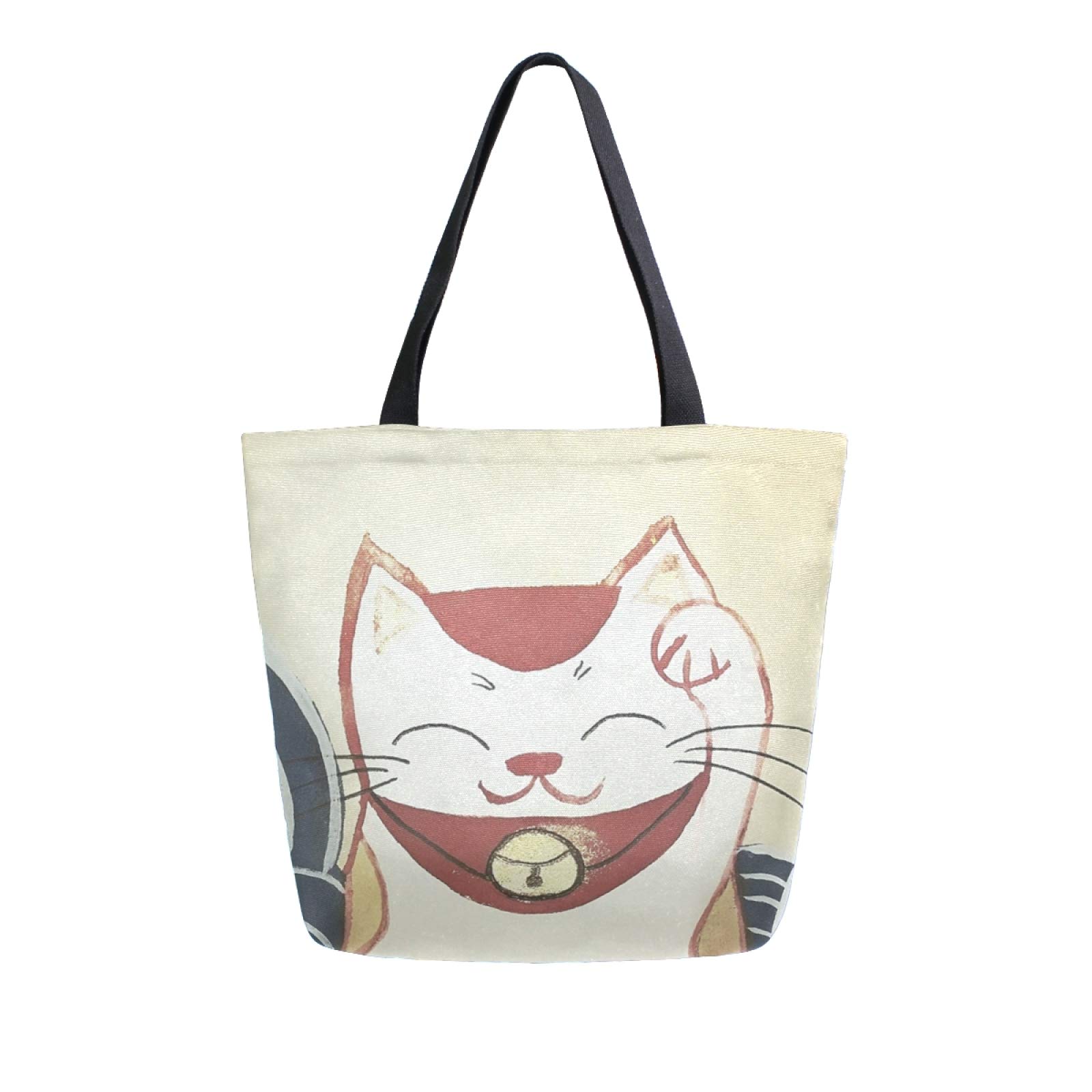 Stylish Japanese Ukiyo-e Print Canvas Tote Bag for Women - Large Reusable Grocery Shopping Bag with Inner Pocket (Lucky Cat Design) | Perfect for Grocery Shopping, Beach Trips & Daily Use | Washable & Durable