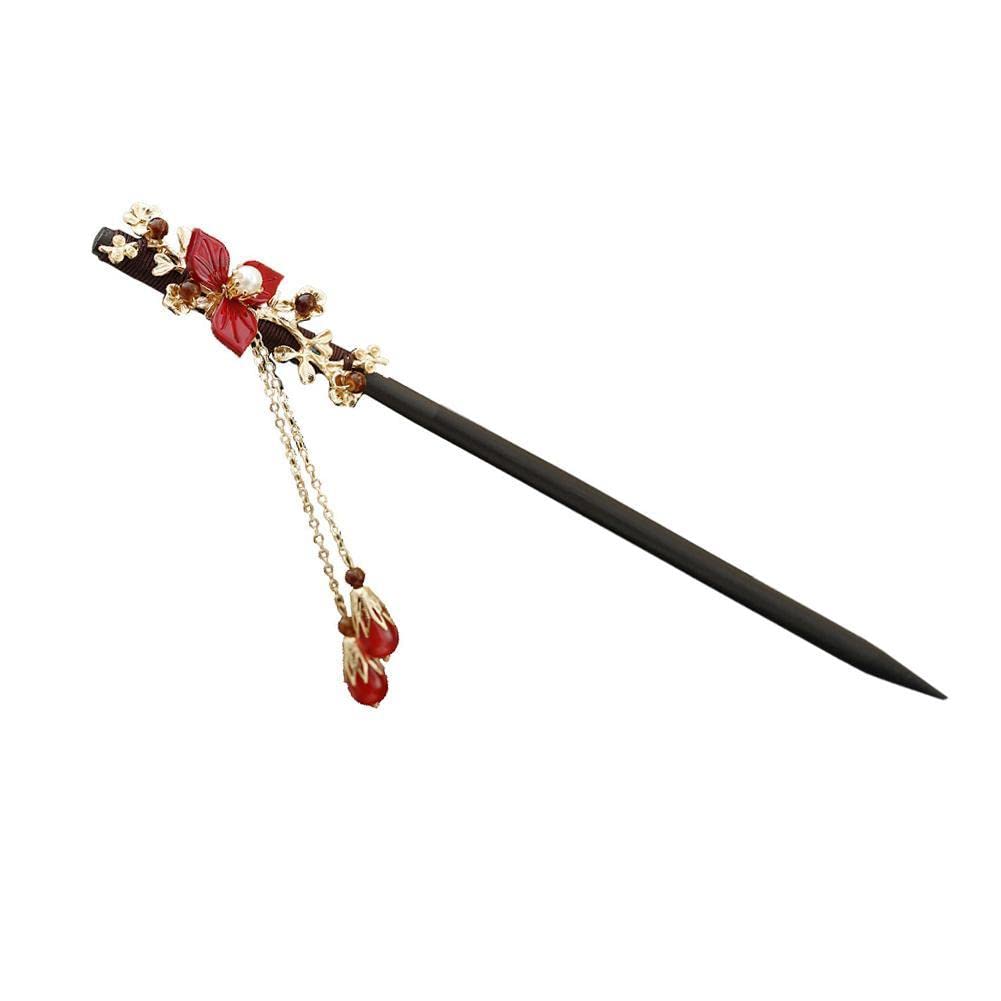 Vintage Wooden Hair Chopsticks - Handmade Chinese Style Hair Sticks with Flower Beads & Tassel | Hair Fork Pin Clip for Women | Perfect for Updos, Bun Hairstyles & Special Occasions