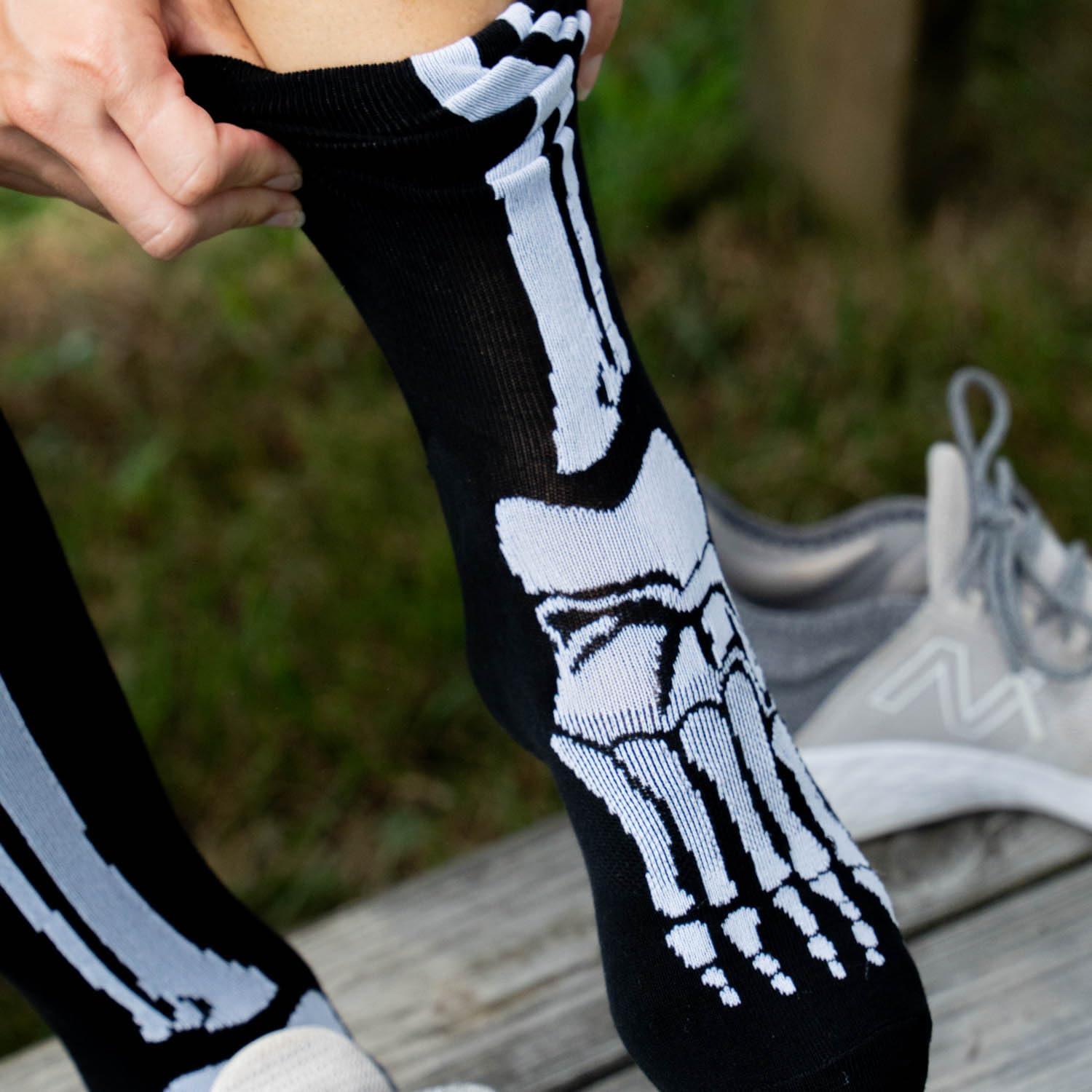 Halloween Skeleton Knee High Running Socks - Half Cushioned Athletic Socks for Men & Women by Gone For a Run (One Size) - Perfect for Costume Running, Jogging, and Halloween Workouts