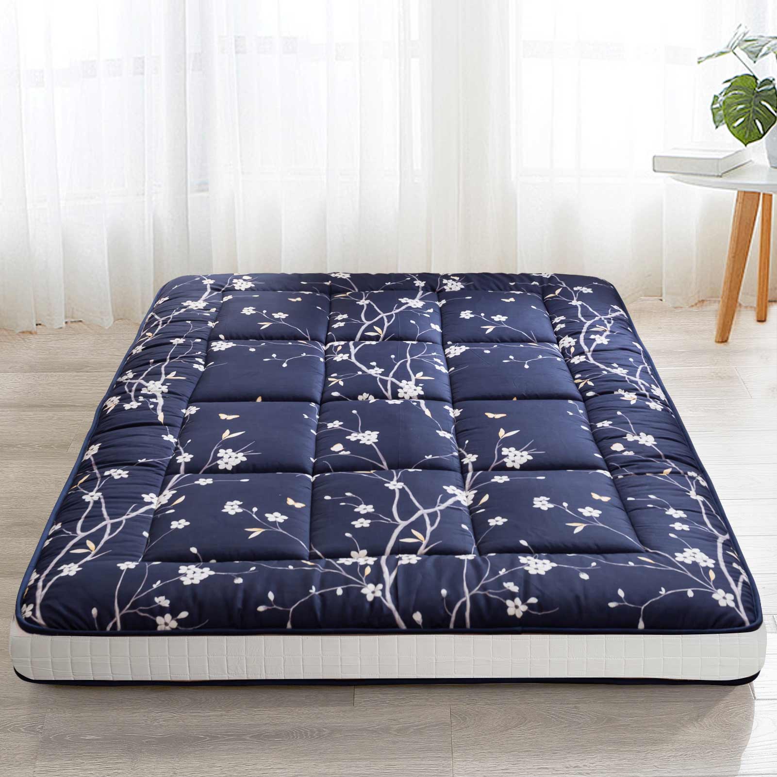 MAXYOYO Navy Floral Printed Padded Japanese Futon Mattress - Quilted Bed Mattress Topper & Foldable Sleeping Pad for Guest Bed, Camping, Couch & Home Decor | Comfortable Floor Mattress for Small Spaces & Travel