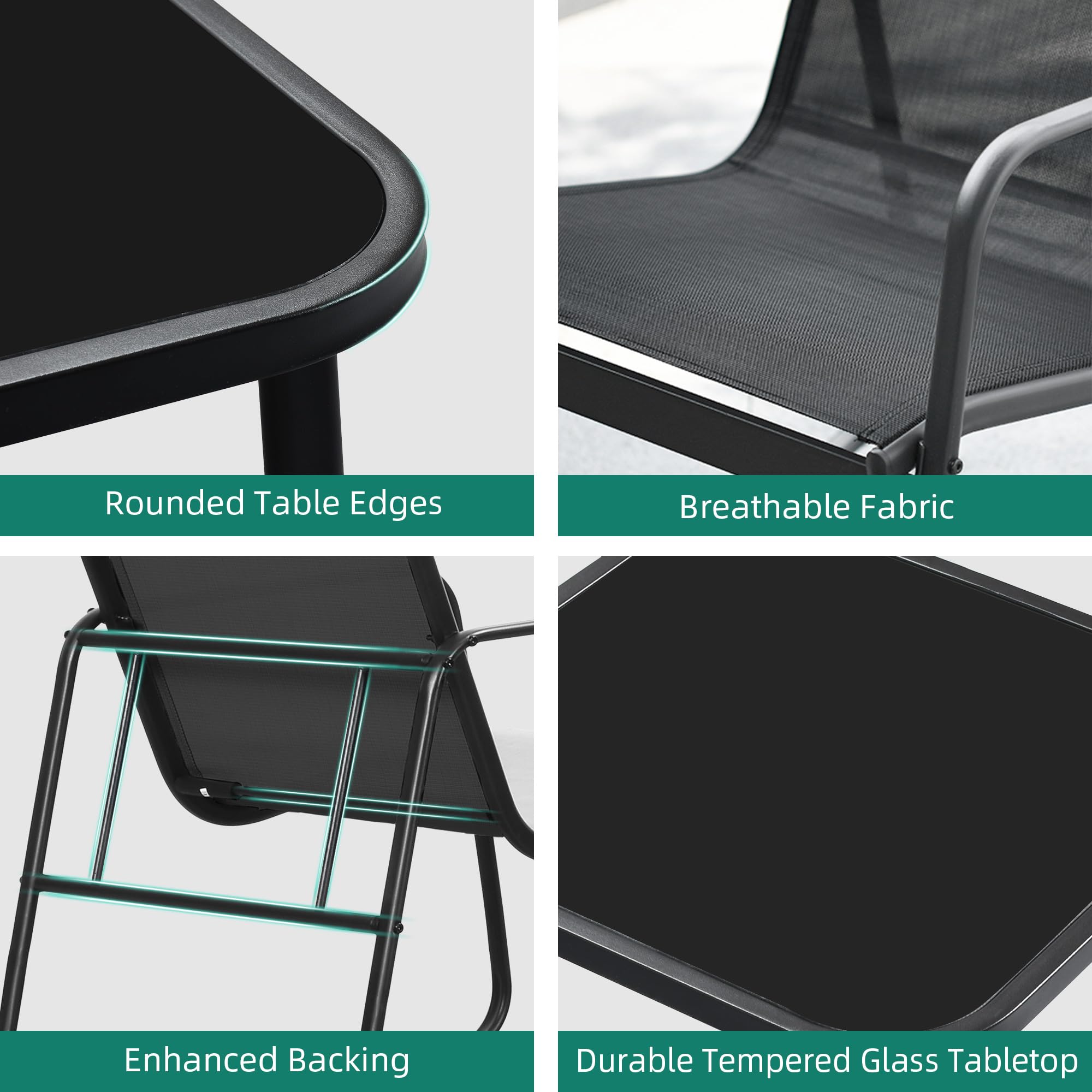 YITAHOME 3-Piece Outdoor Patio Furniture Set with Rocking Bistro Chairs & Tempered Glass Table - Textilene Fabric Conversation Set for Backyard, Garden, Balcony, Poolside (Black) | Perfect for Relaxing, Entertaining & Small Outdoor Spaces