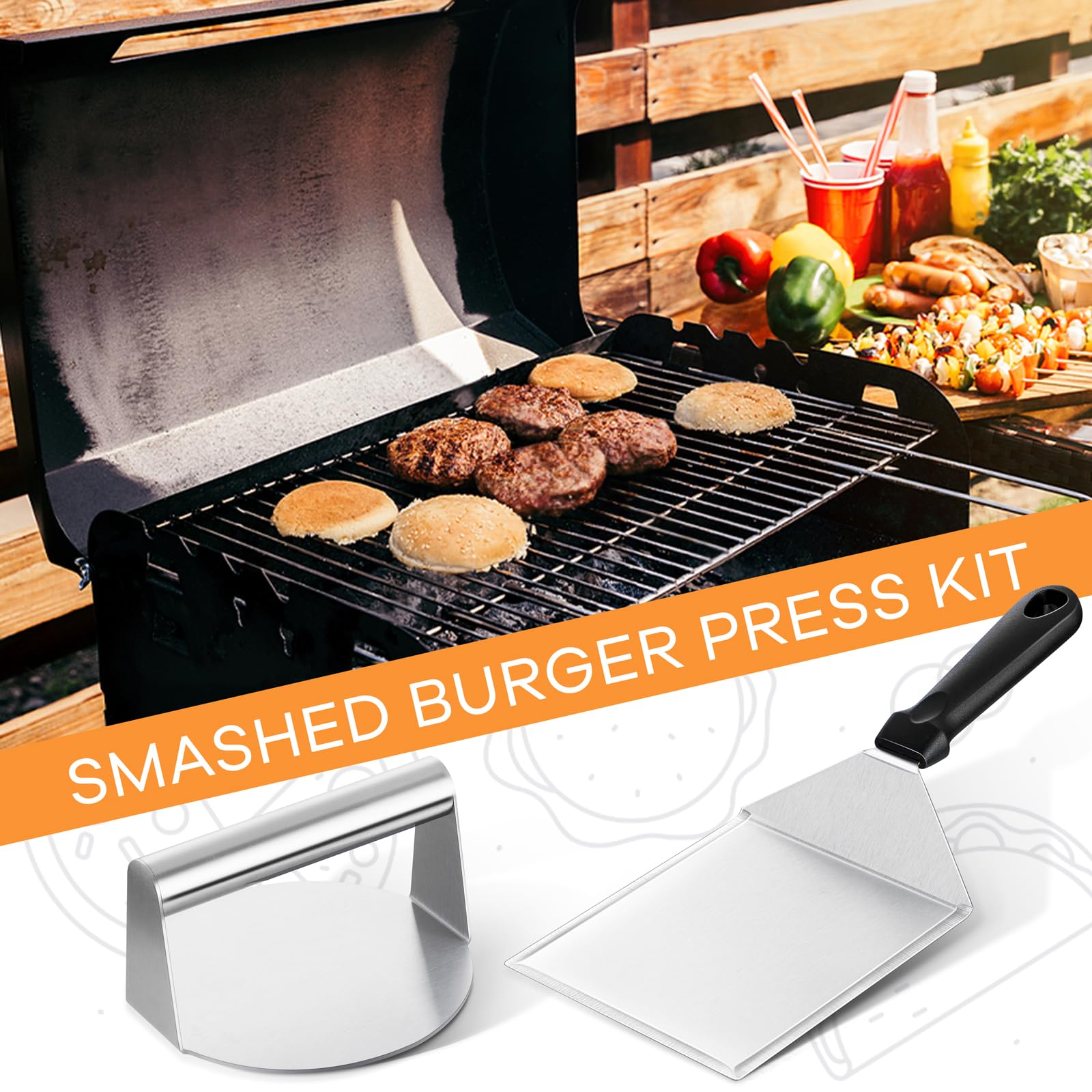 **Leonyo 7-Inch Heavy Duty Stainless Steel Hamburger Spatula & Burger Press – Professional Griddle Turner, Smash Patty & Bacon Press for BBQ, Teppanyaki, Flat Top Grill – Perfect for Cheese Burgers, Patties & Home Cooking (Plastic Handle)**