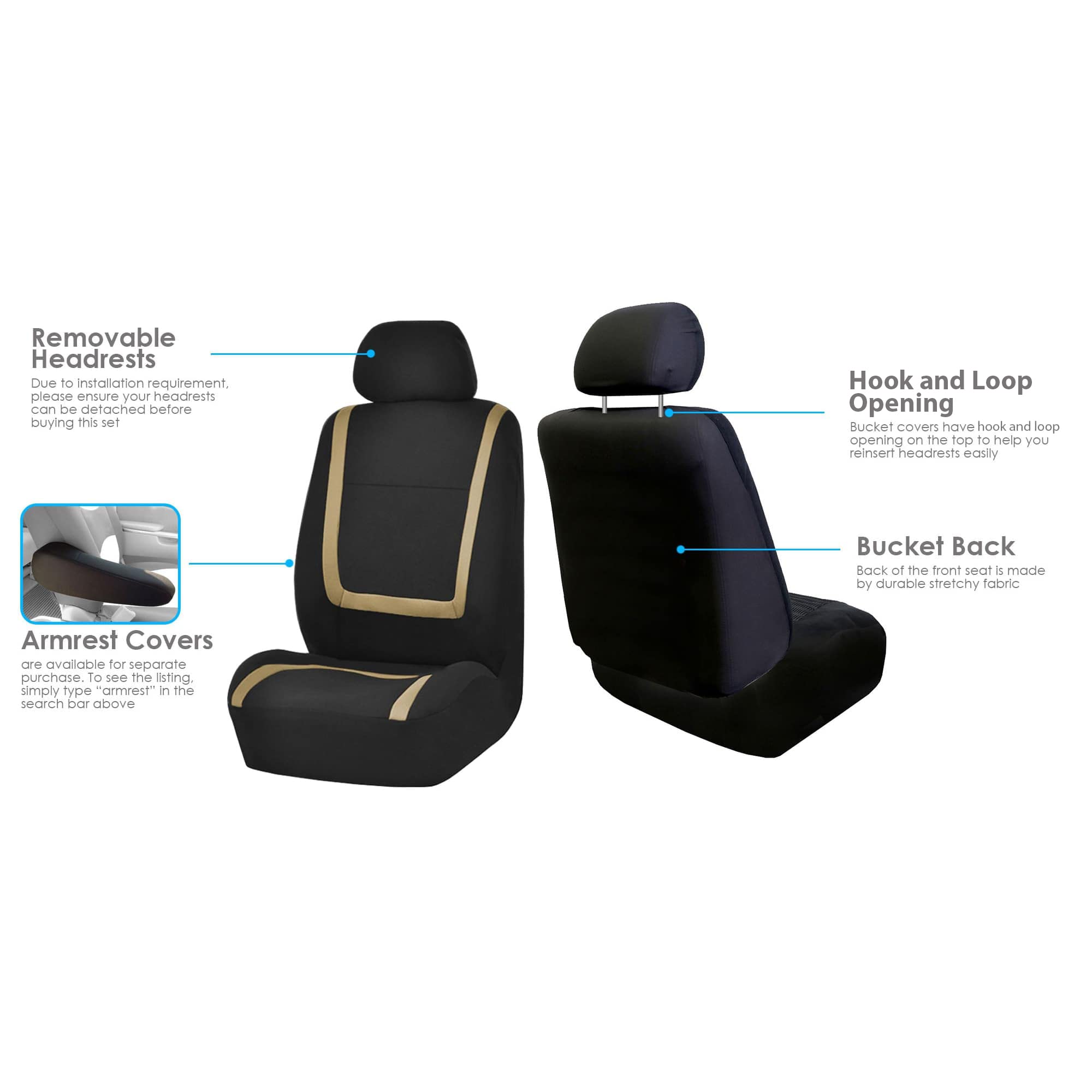 Premium FH Group Car Seat Covers - Universal Fit Flat Cloth Full Set (Front & Rear Bench) in Beige & Black | Durable Automotive Interior Accessories for Cars, Trucks & SUVs | Perfect for Daily Commute, Road Trips & Family Protection