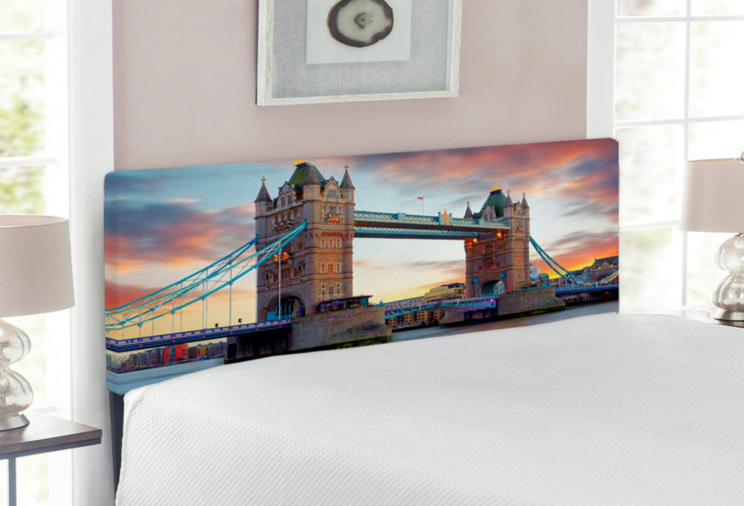 Ambesonne London Headboard - Historic Tower Bridge British Skyline Upholstered Metal Bed Headboard with Memory Foam, Full Size, Multicolor | Perfect for Bedroom Decor & British-Themed Home Interiors