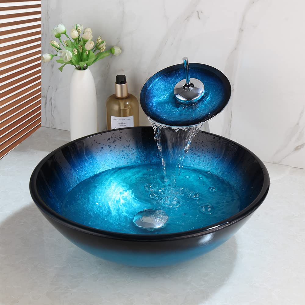Black & Blue Round Tempered Glass Vessel Sink with Waterfall Faucet - Bathroom Wash Basin with Chrome Brass Mixer, Pop-up Drain & Hot/Cold Water Hoses - Perfect for Modern Bathrooms, Powder Rooms & Spa Retreats