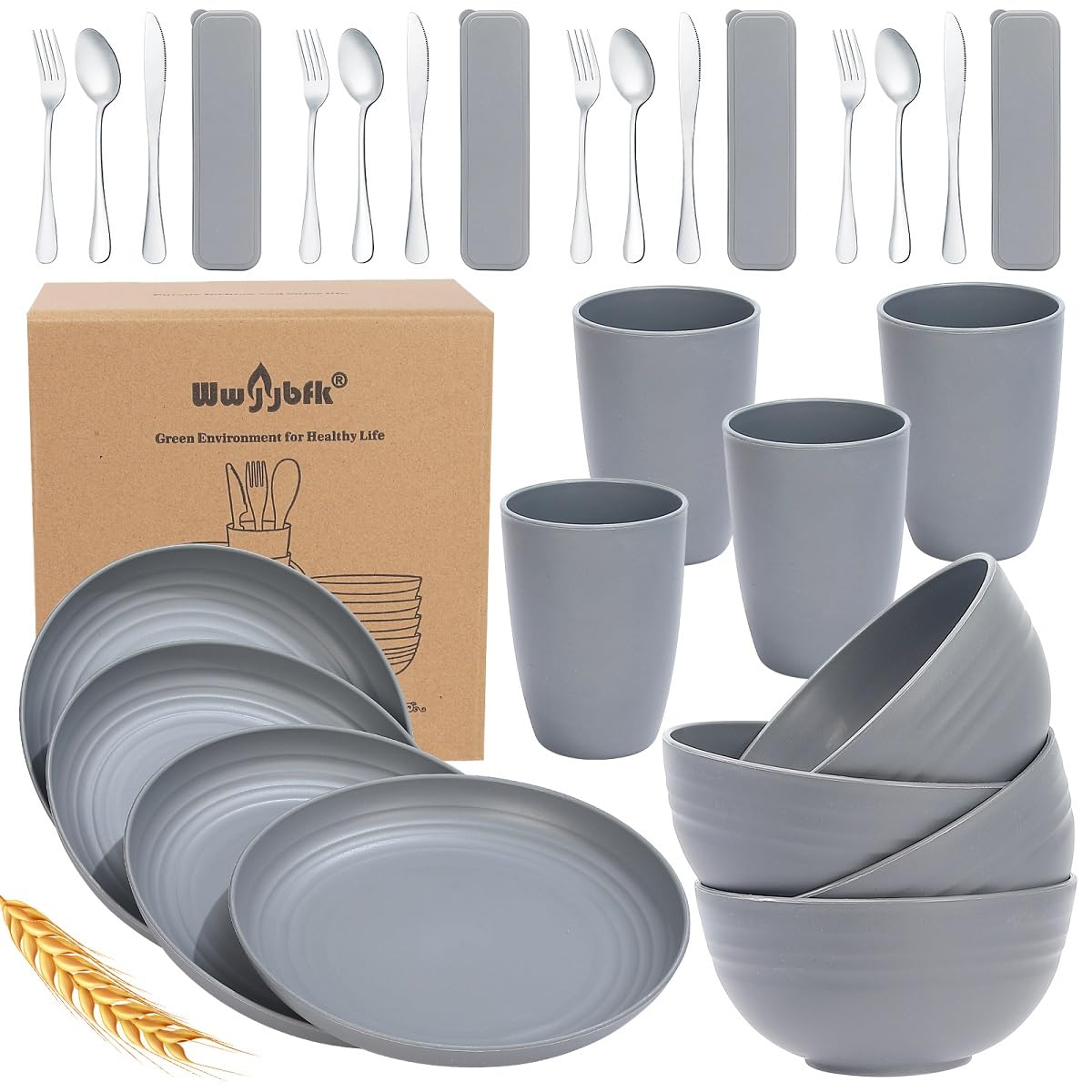 28-Piece Eco-Friendly Wheat Straw Dinnerware Set for 4 - Durable Plates, Bowls & Cutlery in Gray | Perfect for College Dorms, Picnics & Sustainable Kitchens