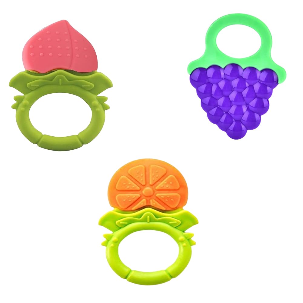 Kritiu Fruit Shape Teether Set of 3 - Soft & Safe BPA-Free Silicone Baby Teething Toys for Infants (Peach, Yellow, Blue-Grapes) | Perfect for Soothing Sore Gums & Early Oral Development