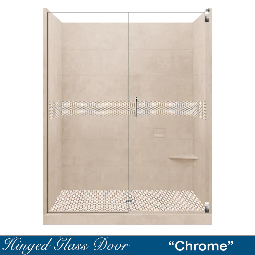 60 Alcove Desert Sand Sistine Stone & Honey Hex Mosaic Tile Accent - DIY Shower Remodel Kit with Free Shampoo Niche | Bathroom Wall & Floor Tile for Shower Backsplash, Bathroom Renovation, and Home Decor