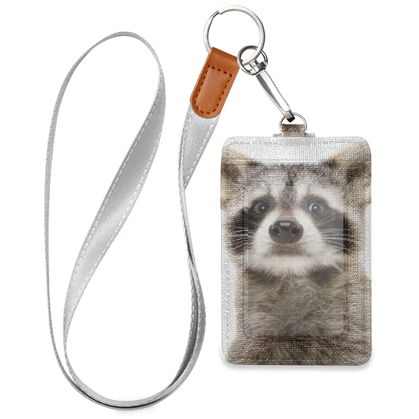Cute Raccoon Vertical Leather ID Badge Holder with Detachable Lanyard - 1 Clear Window & 2 Card Slots - Name Tag Holder for Office, School, Nurses, Teachers & Staff - Perfect for Work, Conferences & Security Access