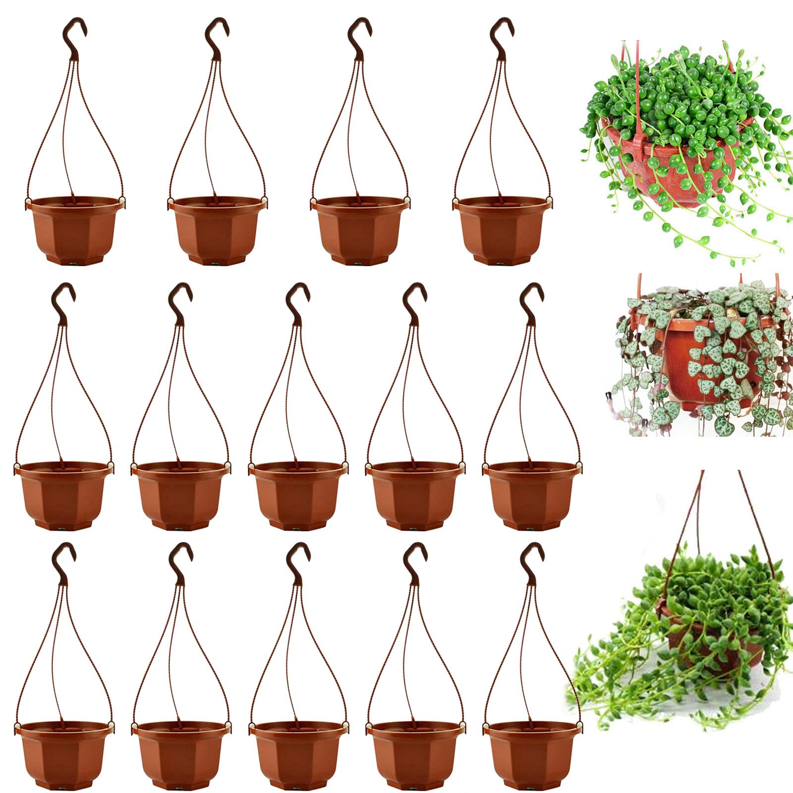 14PCS Small Plastic Hanging Planter Pots with Chains - Indoor Outdoor Flower Pots for Orchids, Succulents & Herbs - Perfect for Balcony, Garden & Home Decor (Brown)