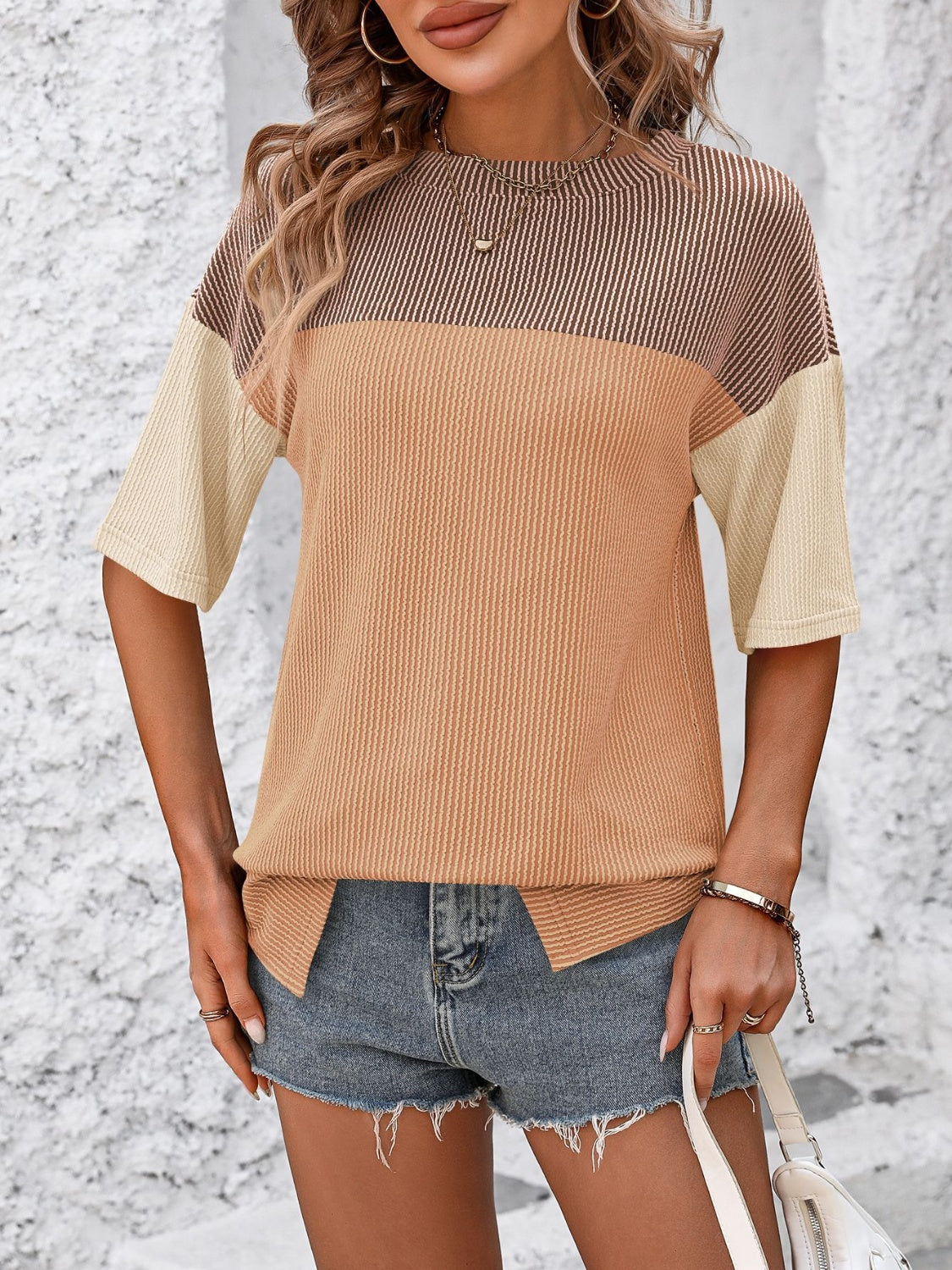 Color Block Round Neck Half Sleeve T-Shirt for Women - Casual Summer Fashion Top for Outfits, Streetwear & Everyday Wear