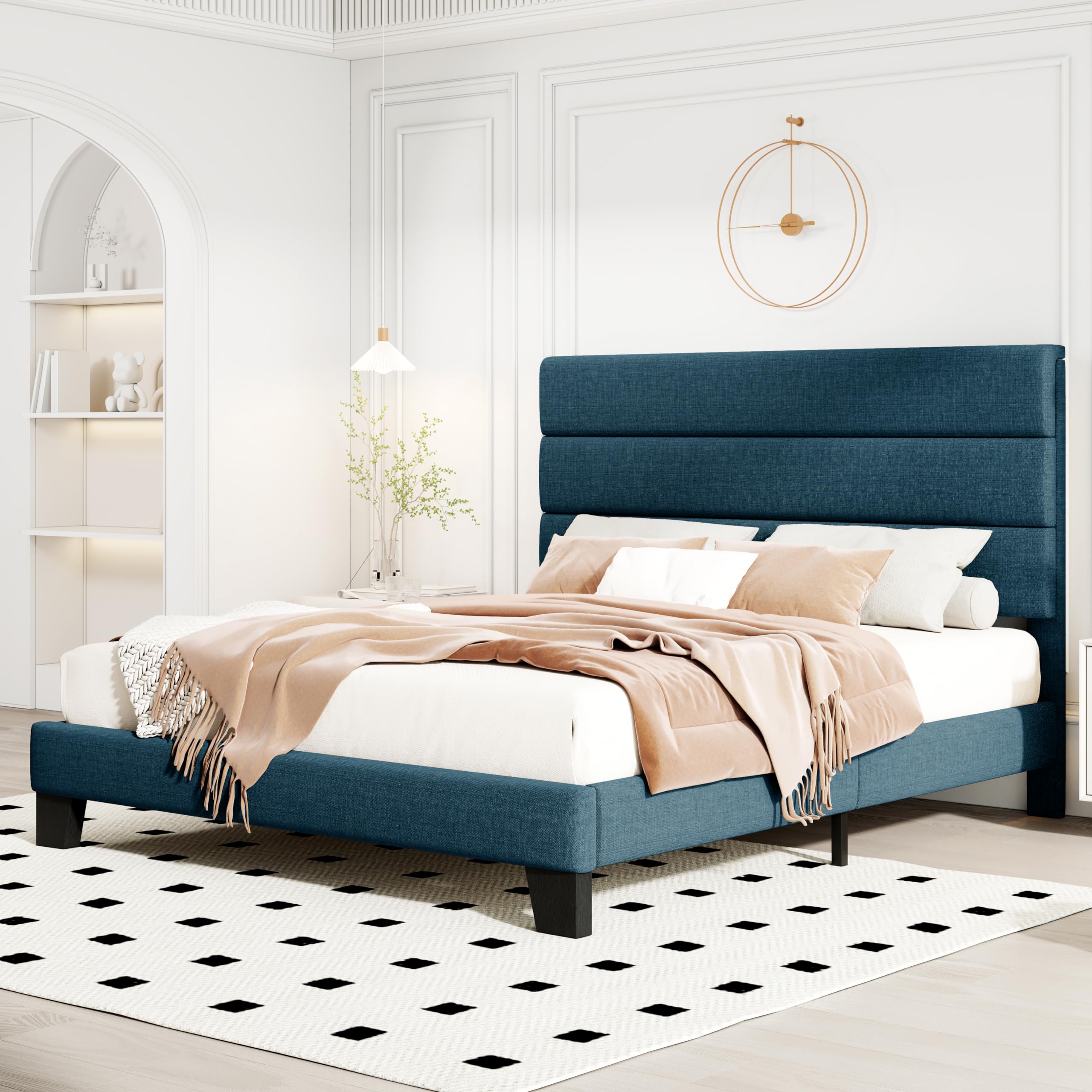 HOOMIC Full Size Bed Frame with Headboard - Upholstered Fabric Platform Bed with Wood Slat Support, No Box Spring Needed, Navy Blue - Perfect for Master Bedroom, Guest Room & Small Space