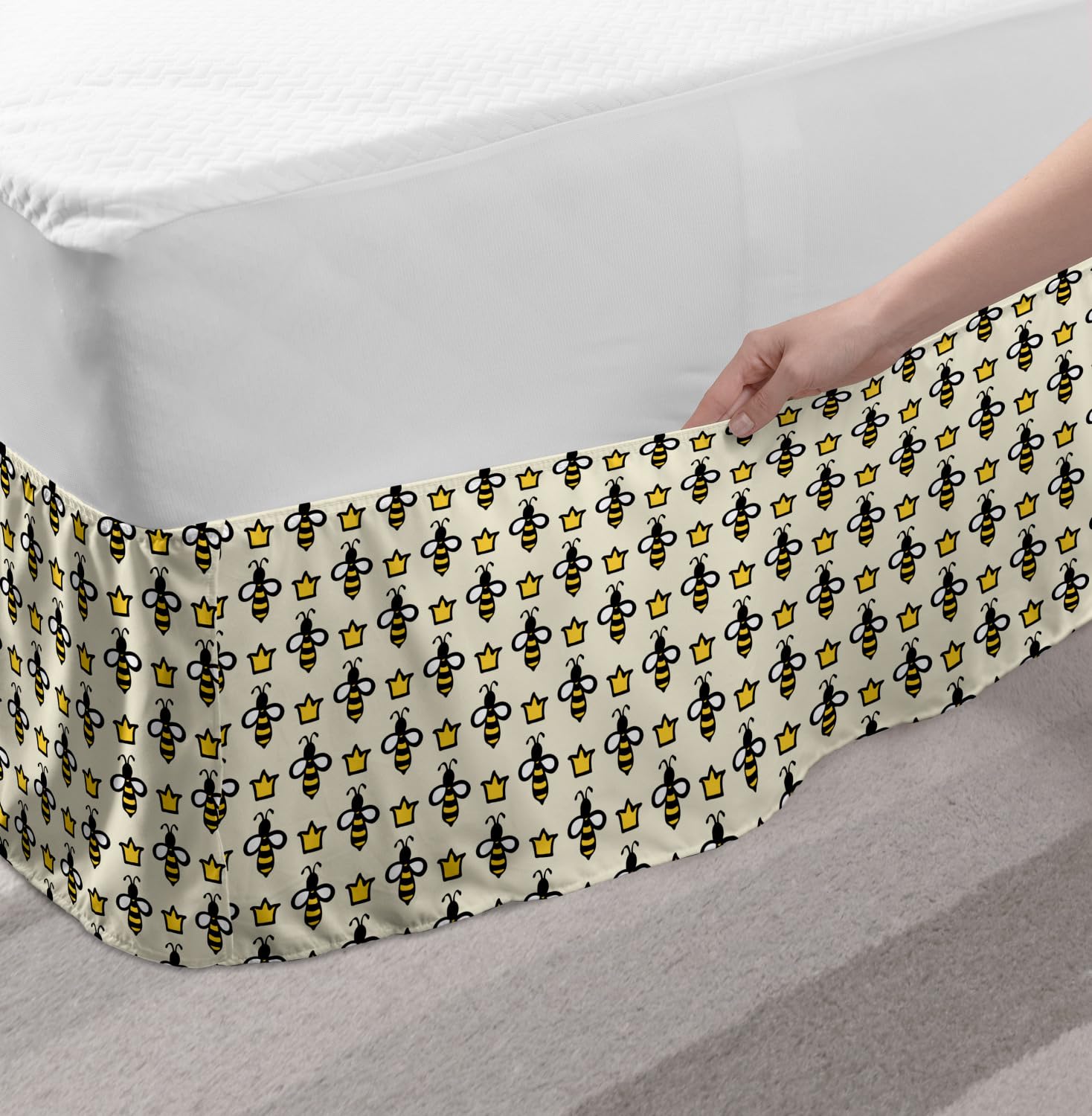 Ambesonne Queen Bee Bed Skirt - Hand-Drawn Cartoon Bees & Crowns Design, Elastic Dust Ruffle Wrap Around Bedskirt for Twin/Twin XL Beds, Eggshell Mustard - Perfect for Boho & Kids' Room Decor