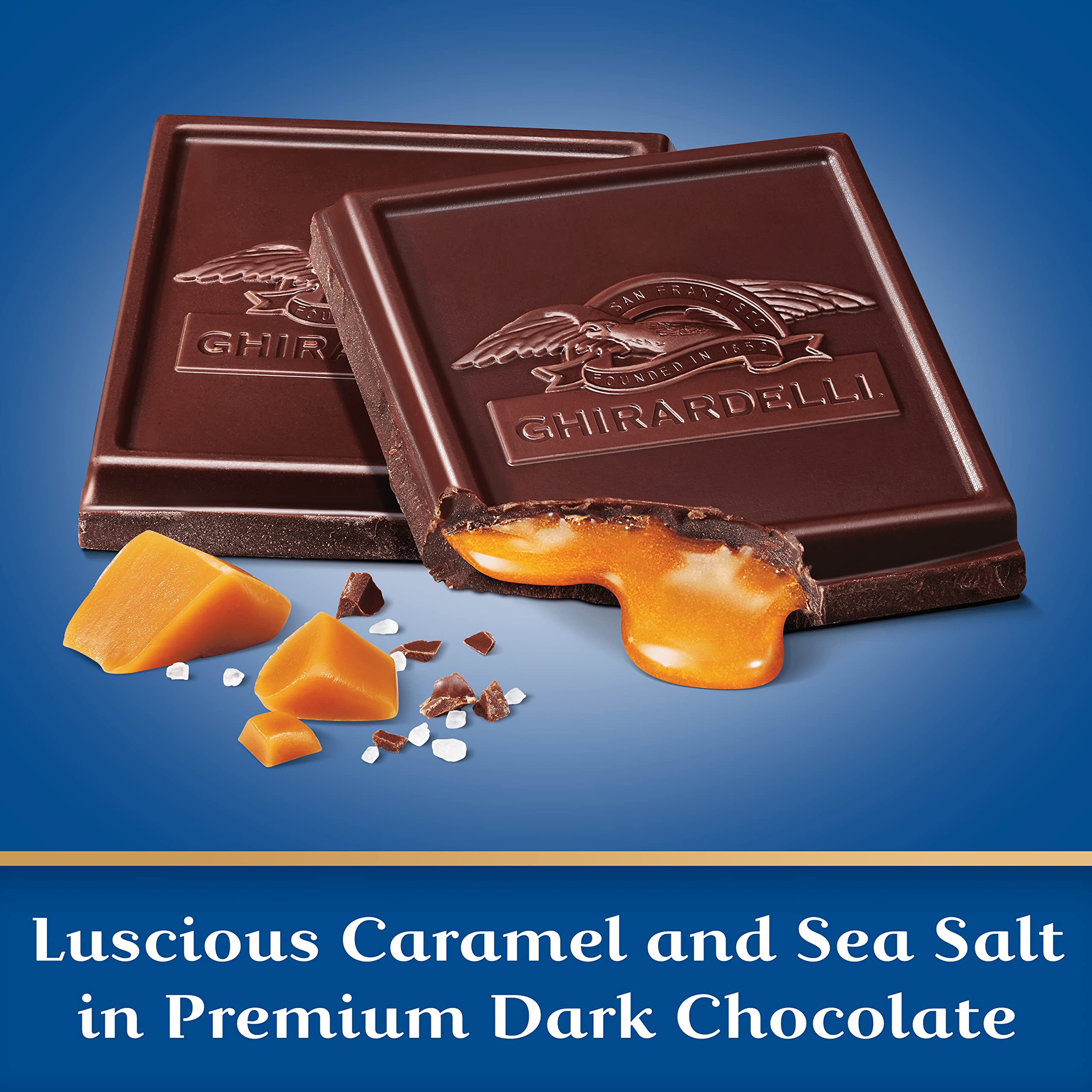 GHIRARDELLI Sea Salt Caramel Dark Chocolate Squares Bar - 4.8 Oz (10 Bars Pack) | Premium Gourmet Chocolate for Gifts, Desserts & Snacking