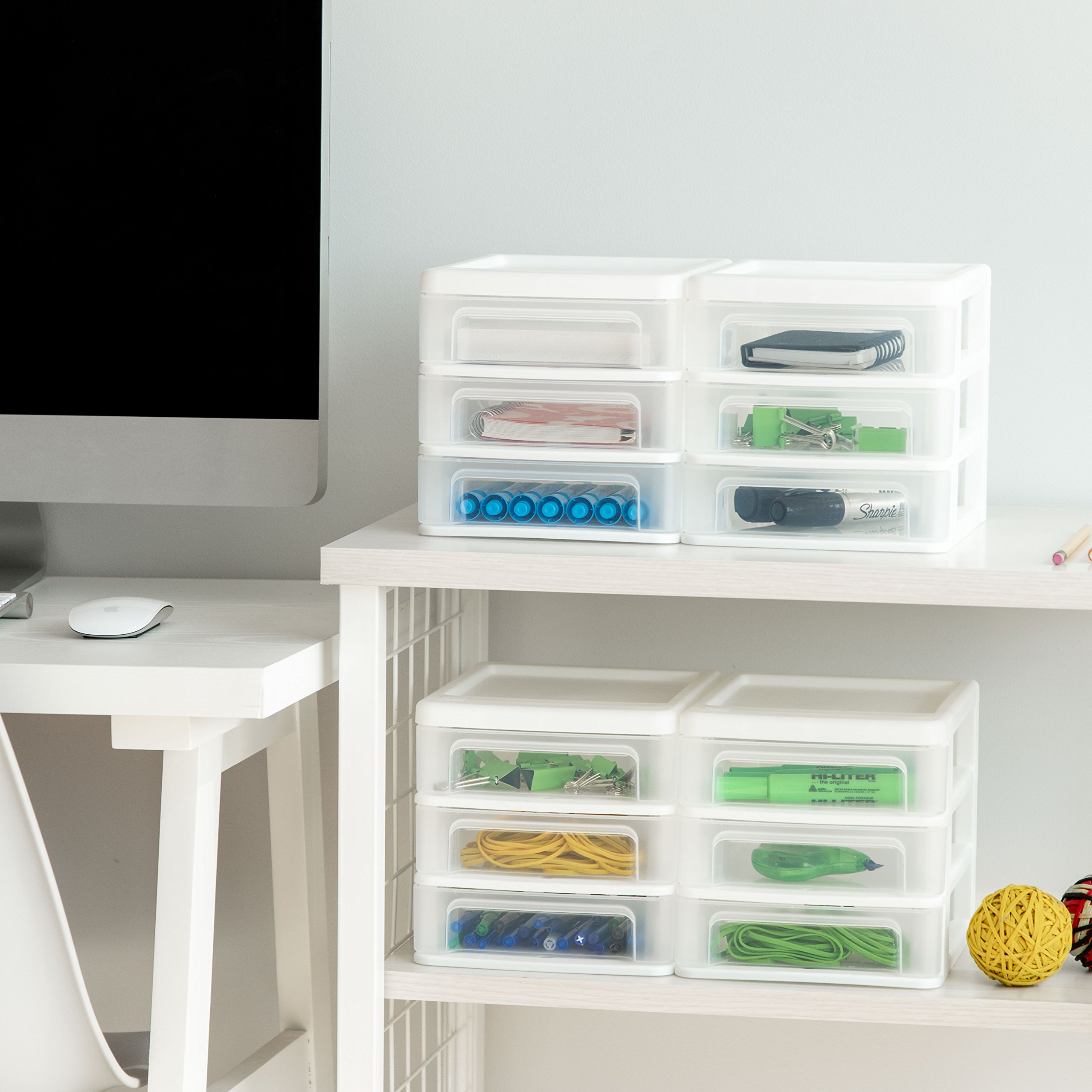 IRIS USA Plastic Stacking Desk Top 3-Drawer Storage Organizer, 4-Pack - White Small Drawers for Vanity, Nail Polish, Bathroom, Office, Craft & Kitchen Organization | Perfect for Makeup, Stationery, Art Supplies & Small Item Storage in Home, Garage or Workspace