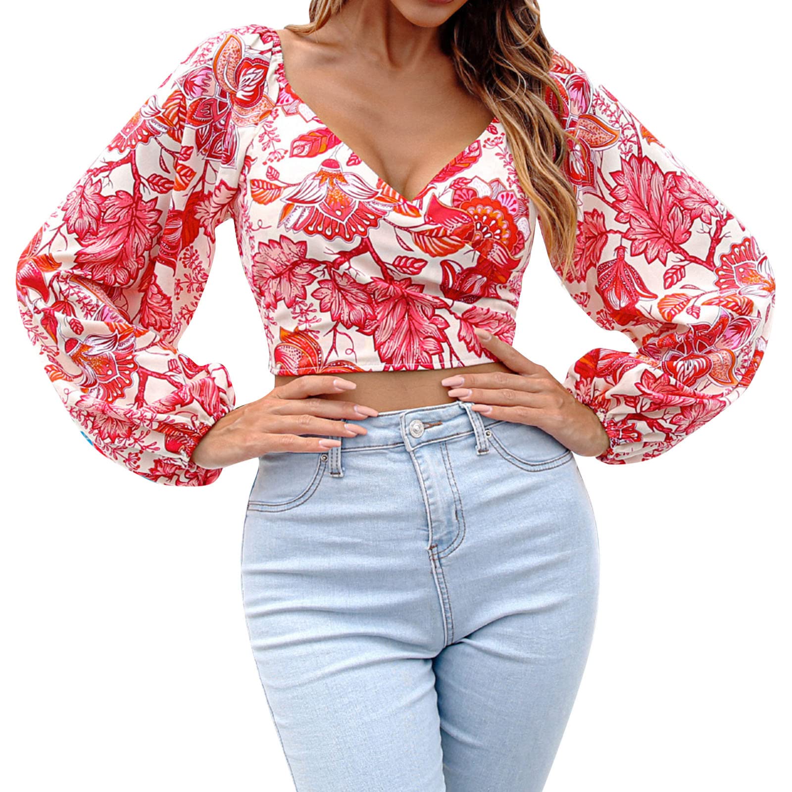 Boho Print V-Neck Long Sleeve Women's T-Shirt - Stretchy Slim Fit Casual Top for Everyday Wear | Perfect for Work, Date Night & Weekend Outfits