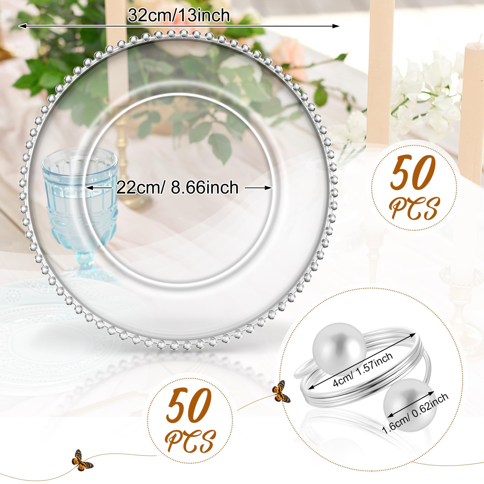 Tioncy 50-Pack Clear Acrylic Charger Plates with Beaded Edge - 13 Inch Round Decorative Dinner Plates & Napkin Rings Set for Wedding, Party, Banquet (Clear & Silver) | Elegant Table Setting for Formal Events & Holiday Dining