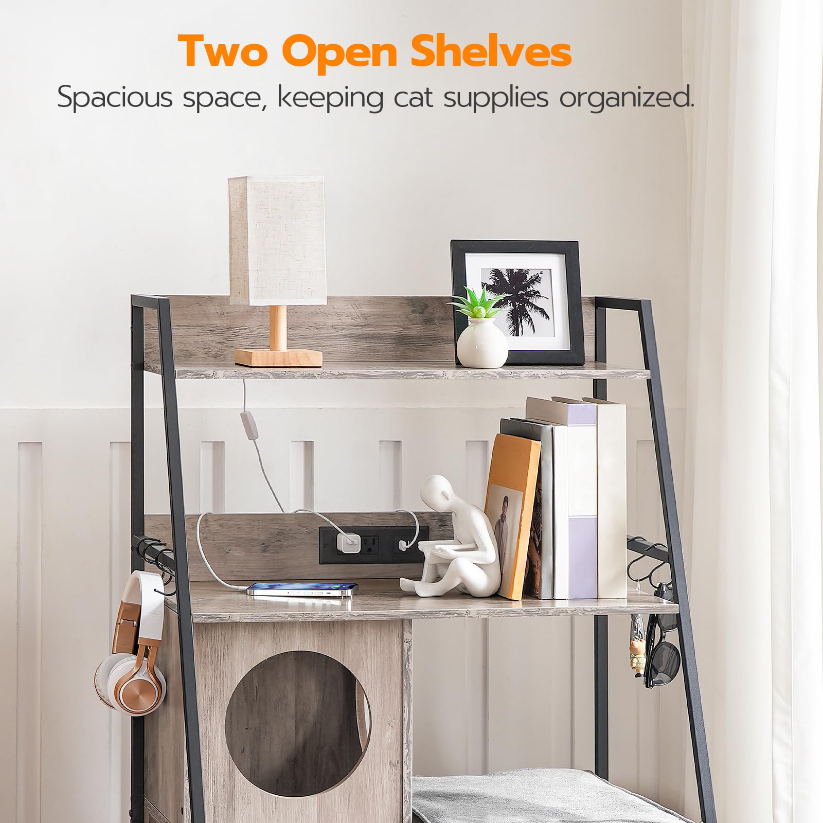 HOOBRO Cat Litter Box Enclosure with 2 Storage Shelves & Charging Station - Hidden Tall Cat Furniture with Plush Mat, Greige BG70UMW01 - Perfect for Small Spaces & Multi-Cat Homes, Stylish Indoor Cat Litter Solution for Apartments