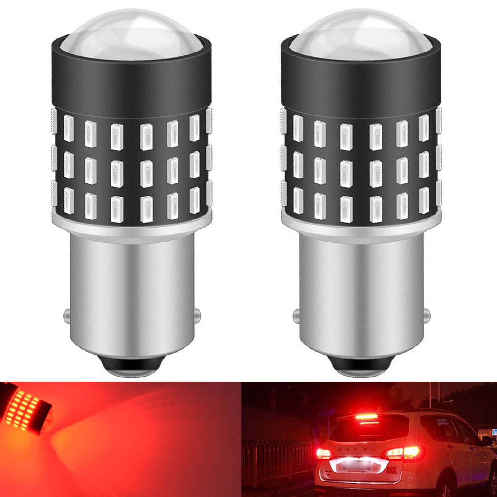 1156 BA15S LED Bulbs - 3014SMD 54-EX Chipsets with Lens Projector - Super Bright 1095 7506 Backup Reverse Lights - Compatible with Tail Lights, Brake Lights, Stop Parking Lights - 12-24V DC - Red (Pack of 2) - Perfect for Trucks, SUVs, Cars & Motorcycle Safety Lighting Upgrades