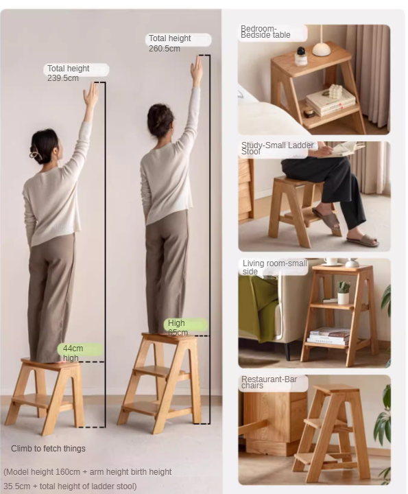Solid Oak Wood Step Stool - Sturdy 2-Step Ladder for Kitchen, Bathroom & Kids - Non-Slip Safety Footrest for Home, Office & Closet Organization