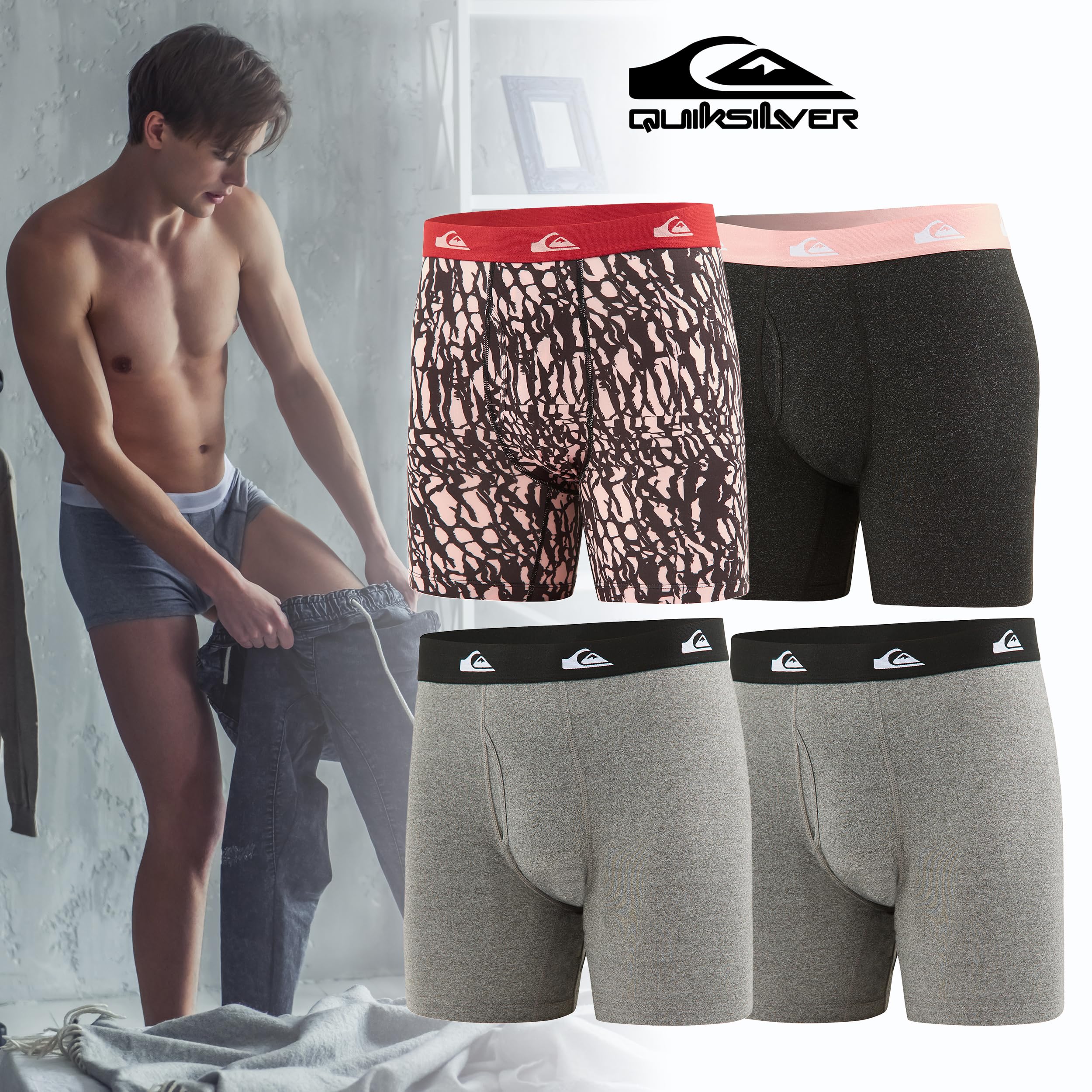 Quiksilver Men's Boxer Briefs 4-Pack - Super Soft Brushed Polyester Underwear for Men | Comfortable Everyday Wear for Work, Gym & Travel
