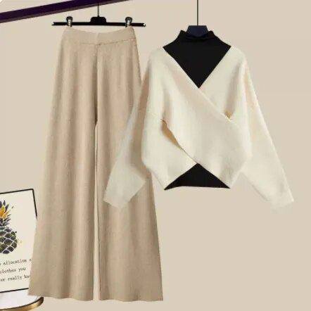 Women's Fall Winter Warm Knit Three Piece Set - Elegant V Neck Sweater, Basic Top & Wide Leg Knitted Pants Outfit for Office Ladies | Cozy Workwear & Casual Winter Fashion