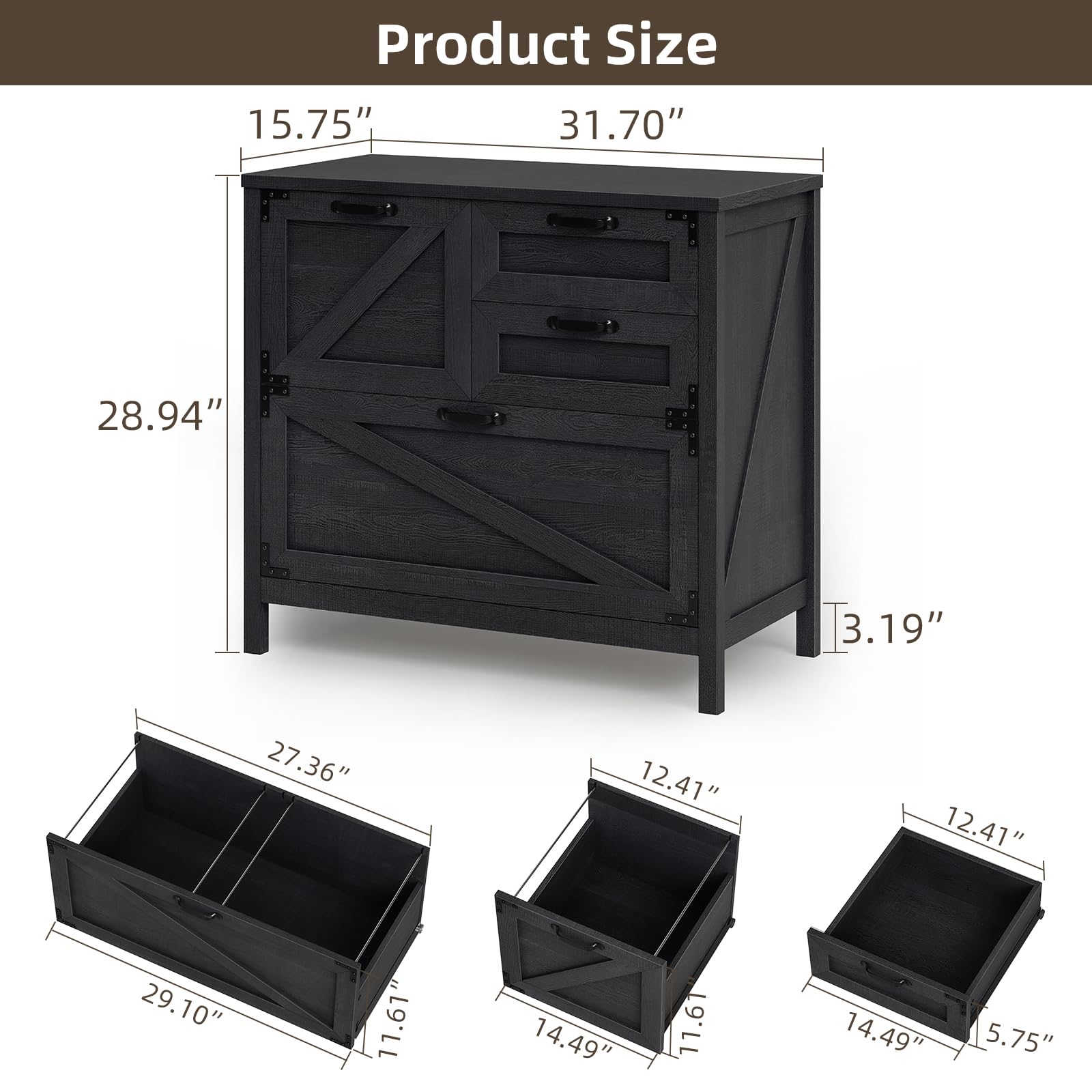 4-Drawer Wood Lateral File Cabinet for Hanging Files - Letter/A4/Legal Size - Farmhouse Office Storage Cabinet with Printer Stand - Black - Perfect for Home Office, School, and Business Organization