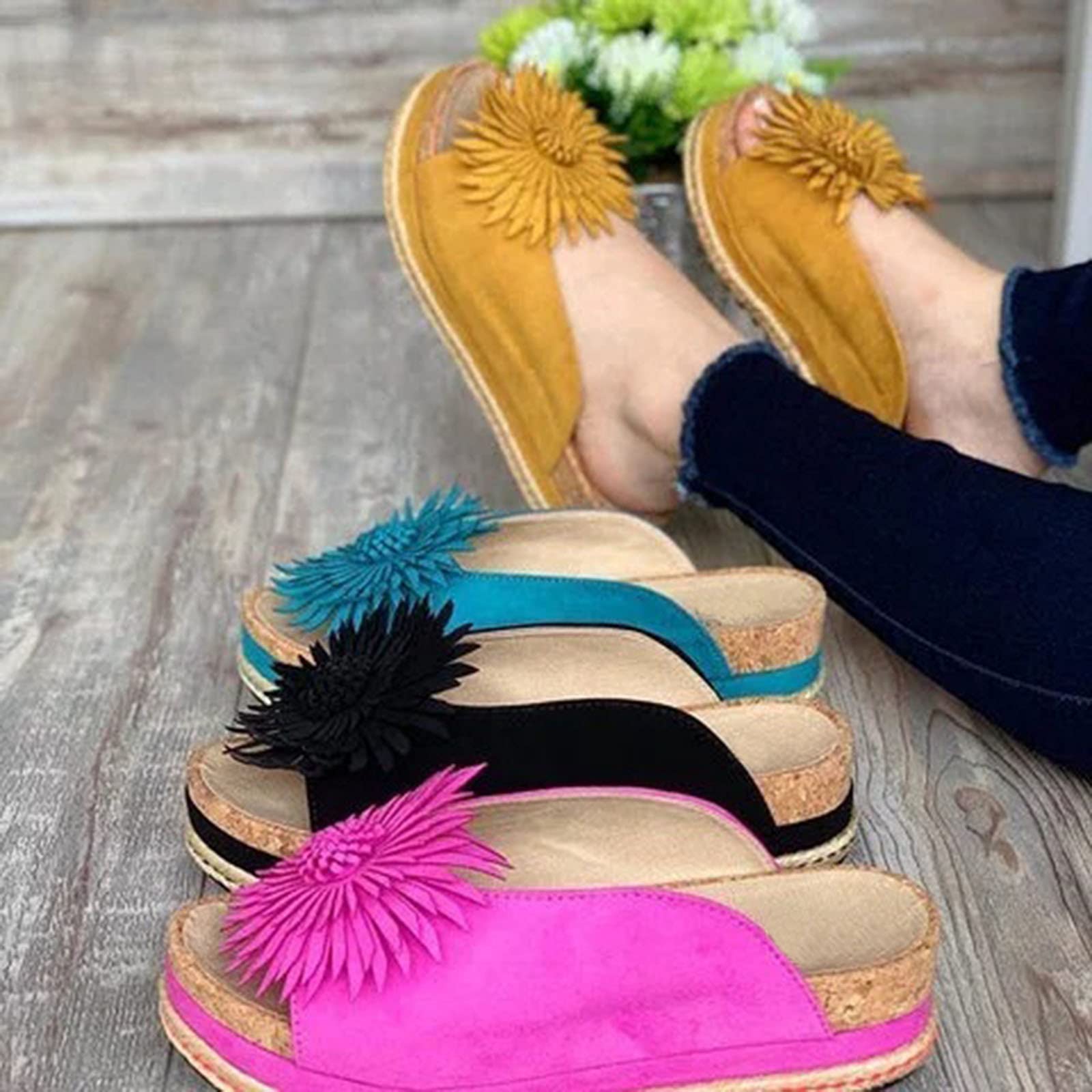 2021 New Women's Slip-On Sunflower Flat Sandals - Comfortable Summer Wedge Platform Sandals for Women, Bohemian Fashion Casual Beach Open-Toe Slippers - Blue, Size 35 - Perfect for Beach Vacations, Summer Outings & Boho Fashion Styles