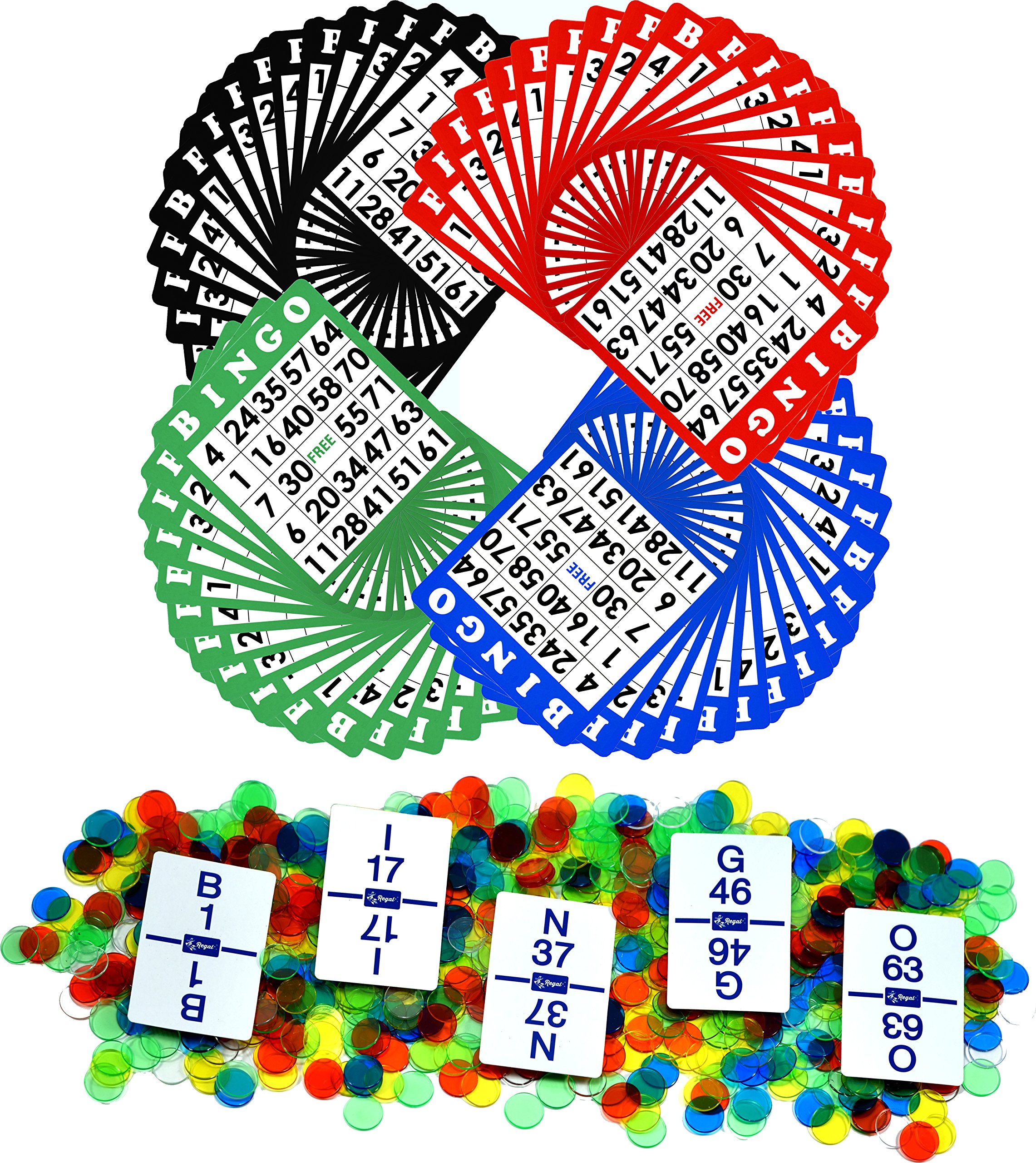 Regal Bingo Game Set - 50 Standard Bingo Cards, 50 Calling Cards & 500 Multicolored Reusable Bingo Chips (50 Mixed Set) - Perfect for Family Game Nights, Classroom Activities, and Senior Center Entertainment