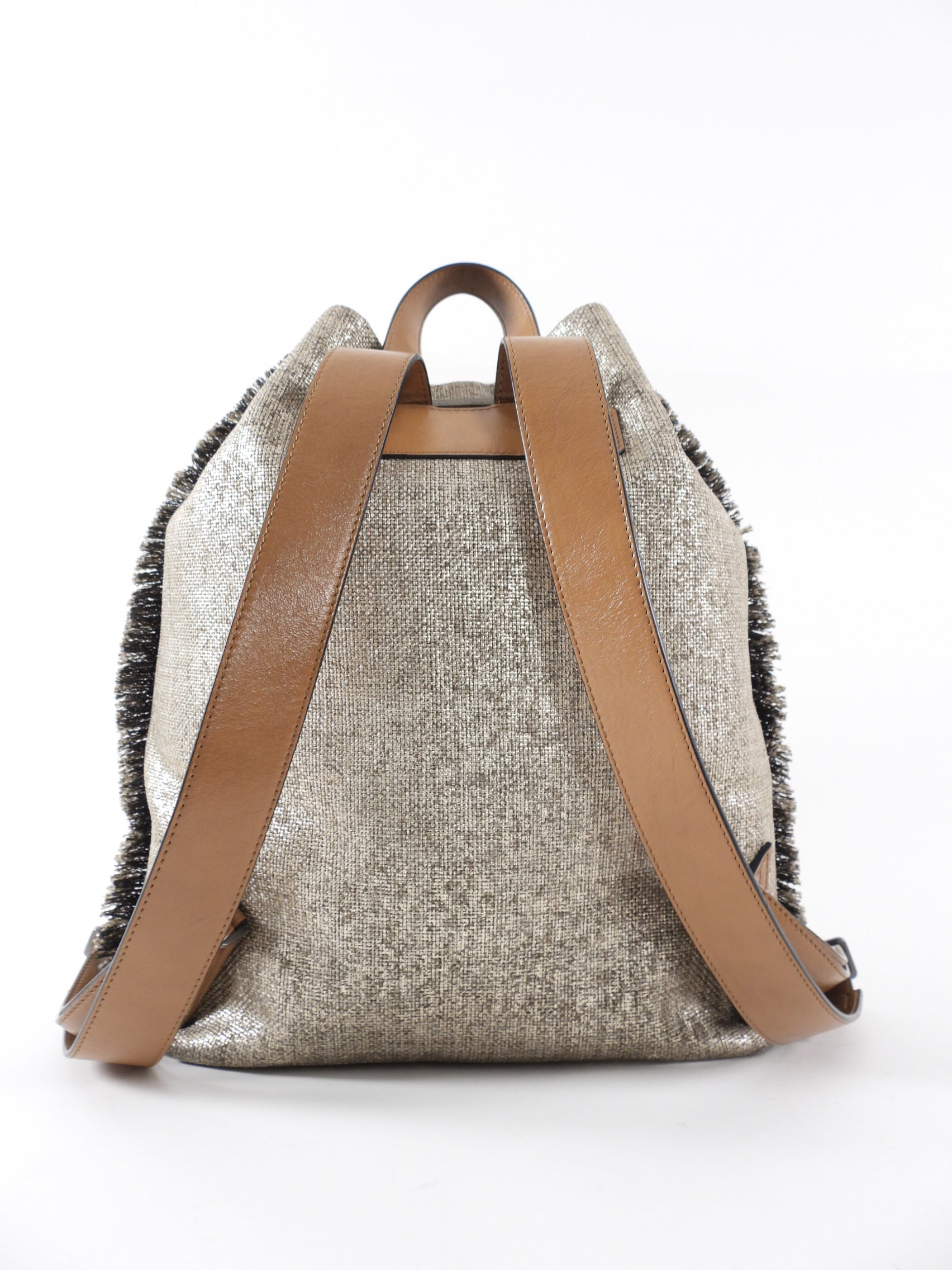 Brunello Cucinelli Gold Metallic Canvas Fringe Backpack for Women - Luxury Designer Handbag for Travel, Work & Everyday Use