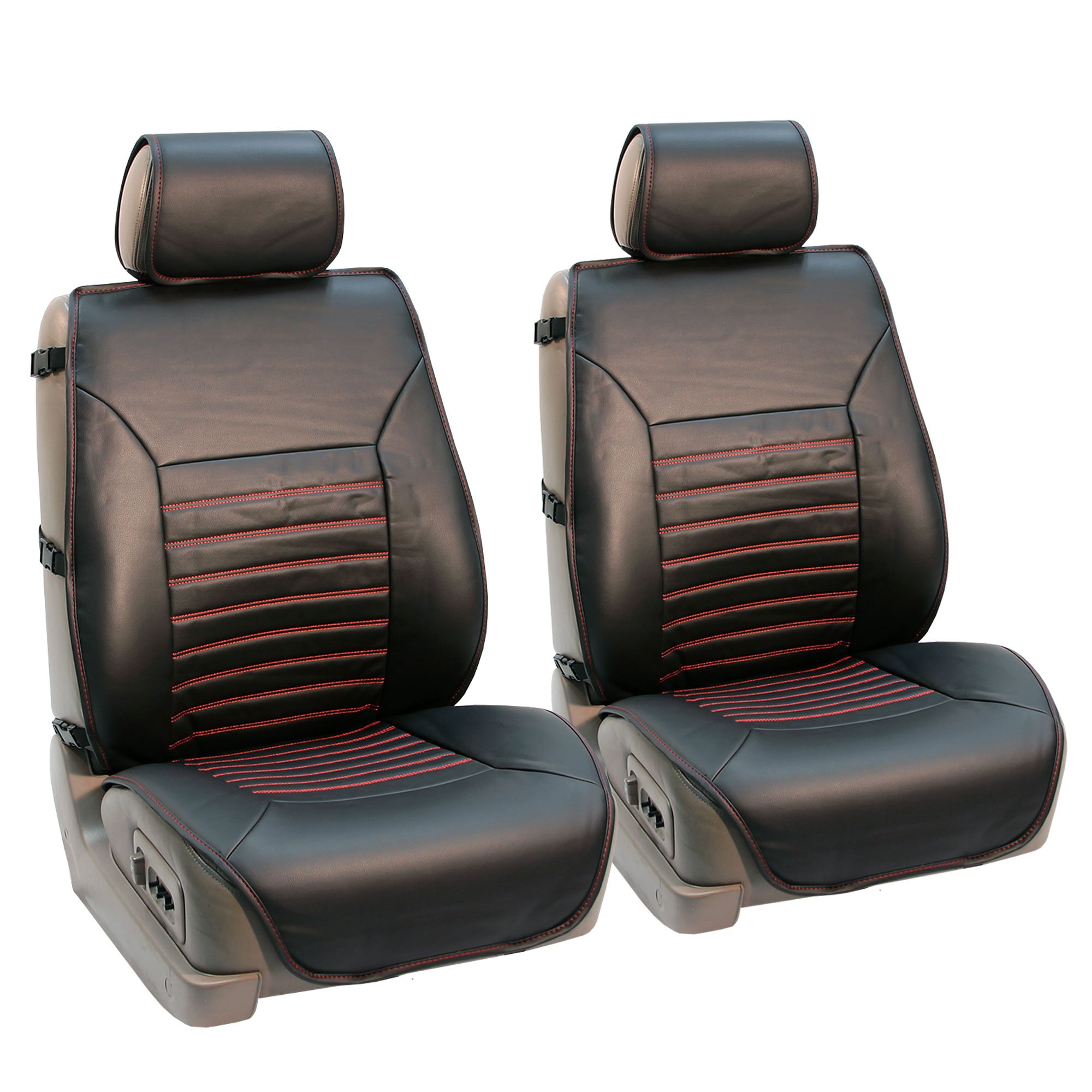 Premium Black Faux Leather Car Seat Covers Front Set - Universal Fit Low Back Seat Protectors | Airbag Compatible Automotive Seat Cushions for SUV, Sedan, Van | Perfect for Daily Commute, Road Trips & Family Travel