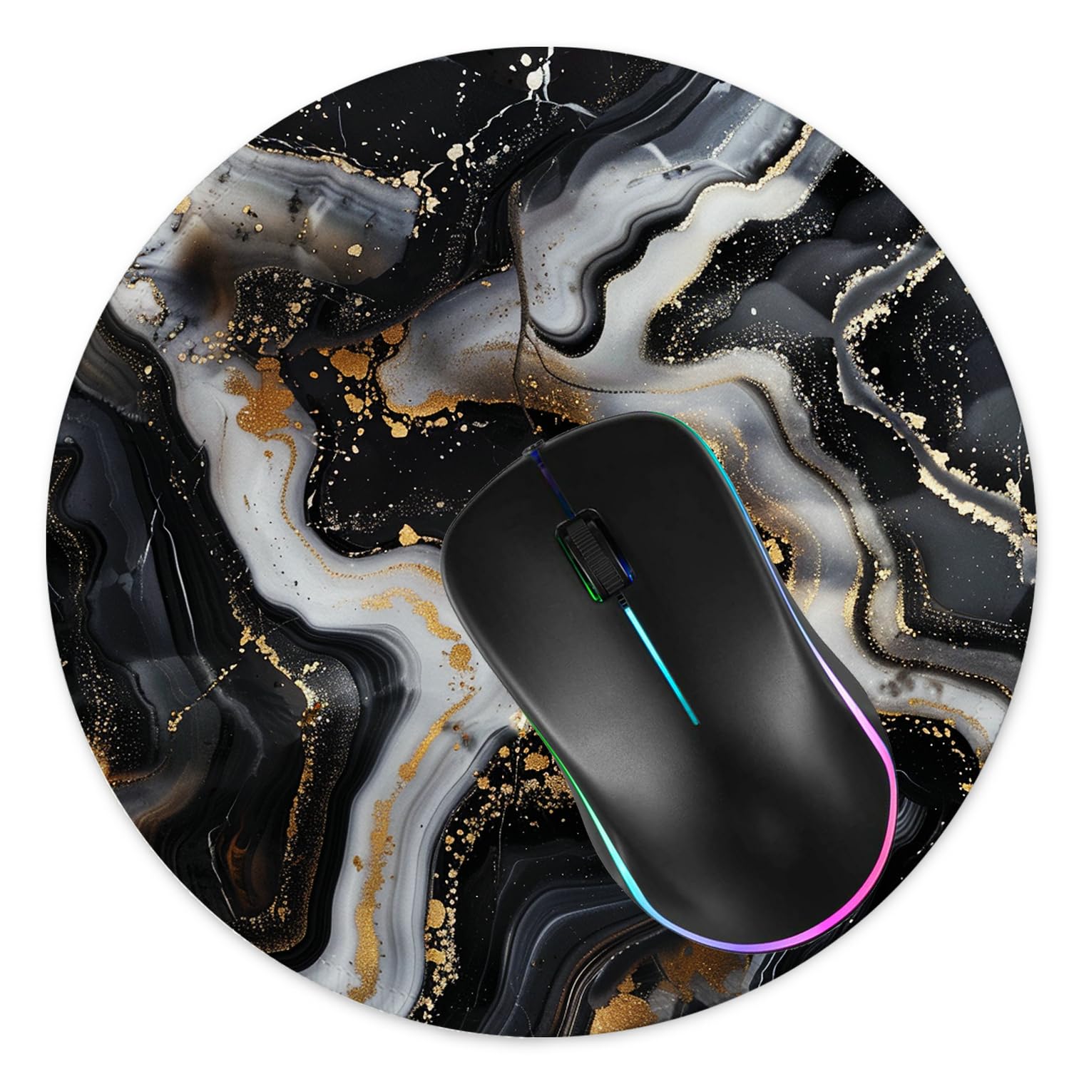 Premium Round Gaming Mouse Pad - Non-Slip Rubber Base with Stitched Edge (7.9 x 7.9 Inch) for PC, Laptop & Office - Grey Black Marble Design - Perfect for Gamers, Programmers & Home Office Use