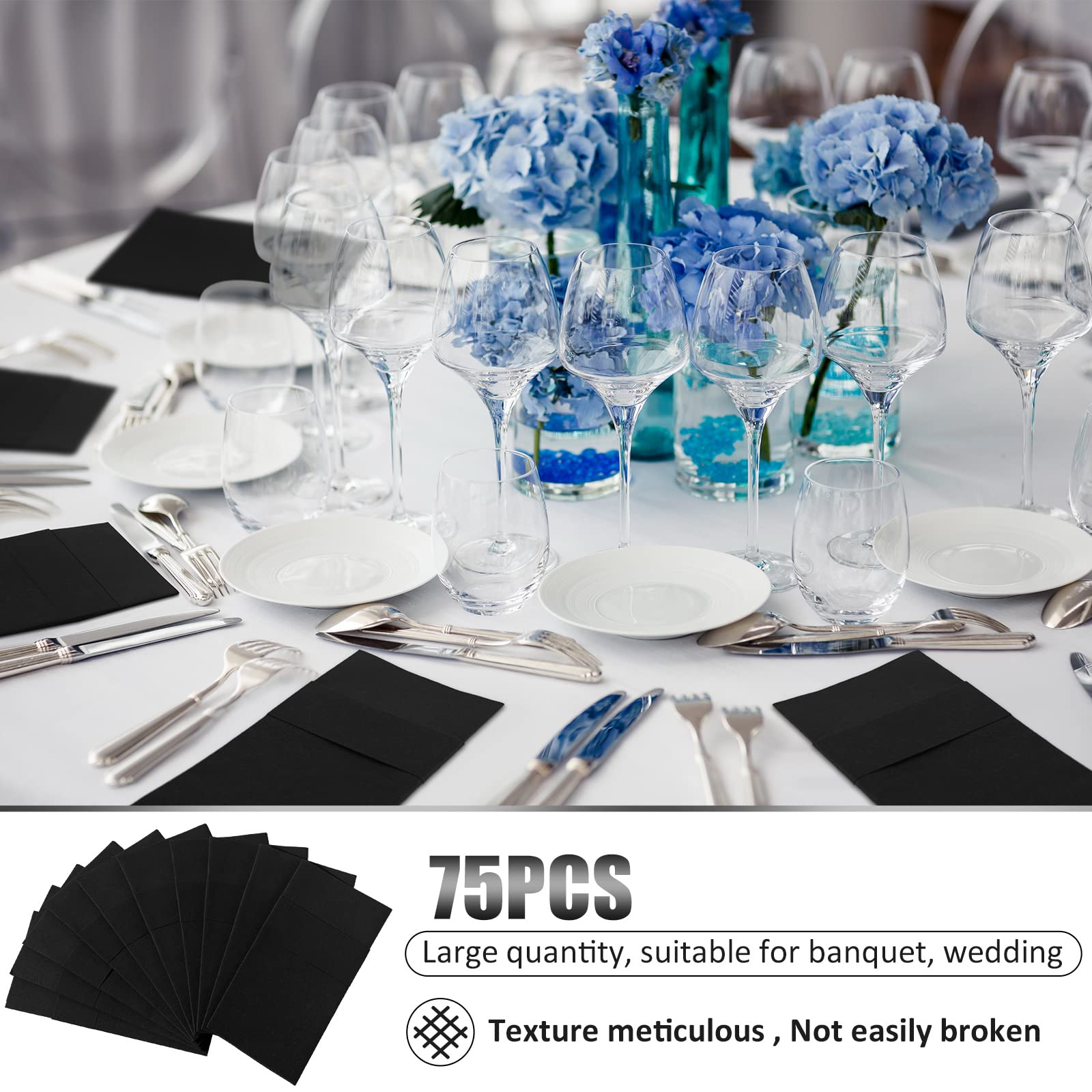 150-Pack Premium Linen-Like Disposable Paper Napkins - Prefolded Dinner Napkins with Built-in Silverware Pocket - Elegant Black for Weddings, Bridal Showers & Valentine's Day Parties - Perfect for Formal Dining, Catering Events & Upscale Gatherings