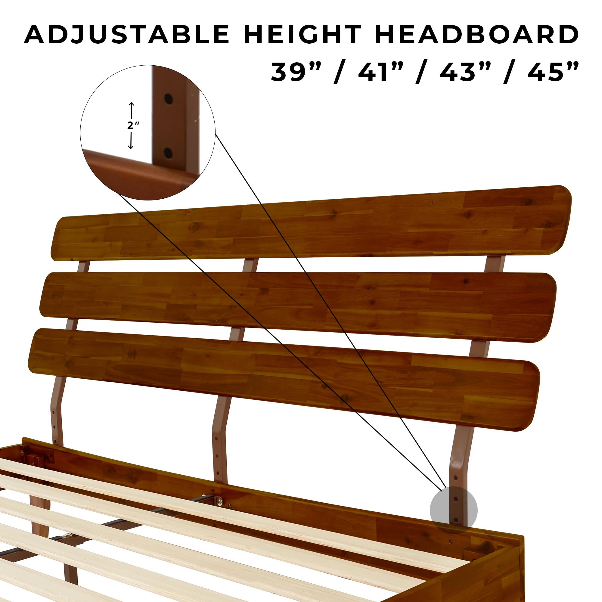Bme Caden 15 Inch Deluxe Bed Frame with Adjustable Headboard - Mid Century Modern King Size Platform Bed - Solid Acacia Wood Construction - No Box Spring Needed - 12 Sturdy Wood Slats Support - Easy Assembly - Dark Chocolate Finish - Perfect for Master Bedroom, Guest Room & Modern Home Decor