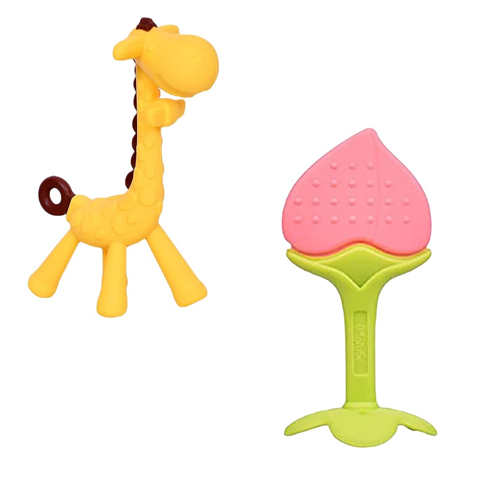 Kritiu Giraffe Shape Teether & Teether Combo - BPA-Free Silicone Baby Teething Toys for 0-12 Months - Safe & Fun Infant Gum Massager for Soothing Sore Gums (Yellow & Peach) - Perfect for Home, Travel & Daycare Use