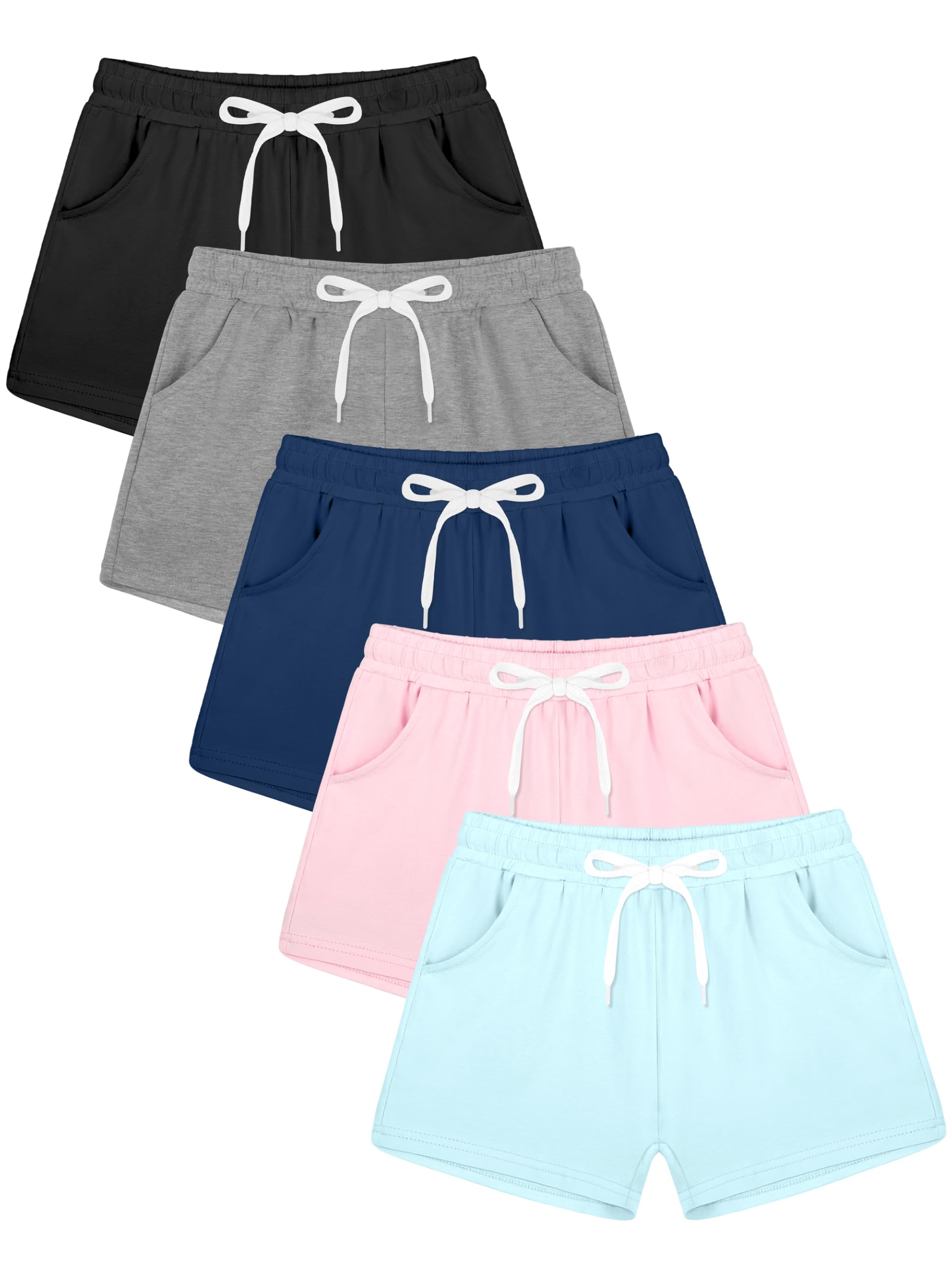 Poroka 5 Pack Girls Athletic Shorts - Breathable Performance Running Shorts for Kids, Yoga & Summer Sports with Adjustable Drawstring Waistband - Perfect for School PE, Playground & Outdoor Activities