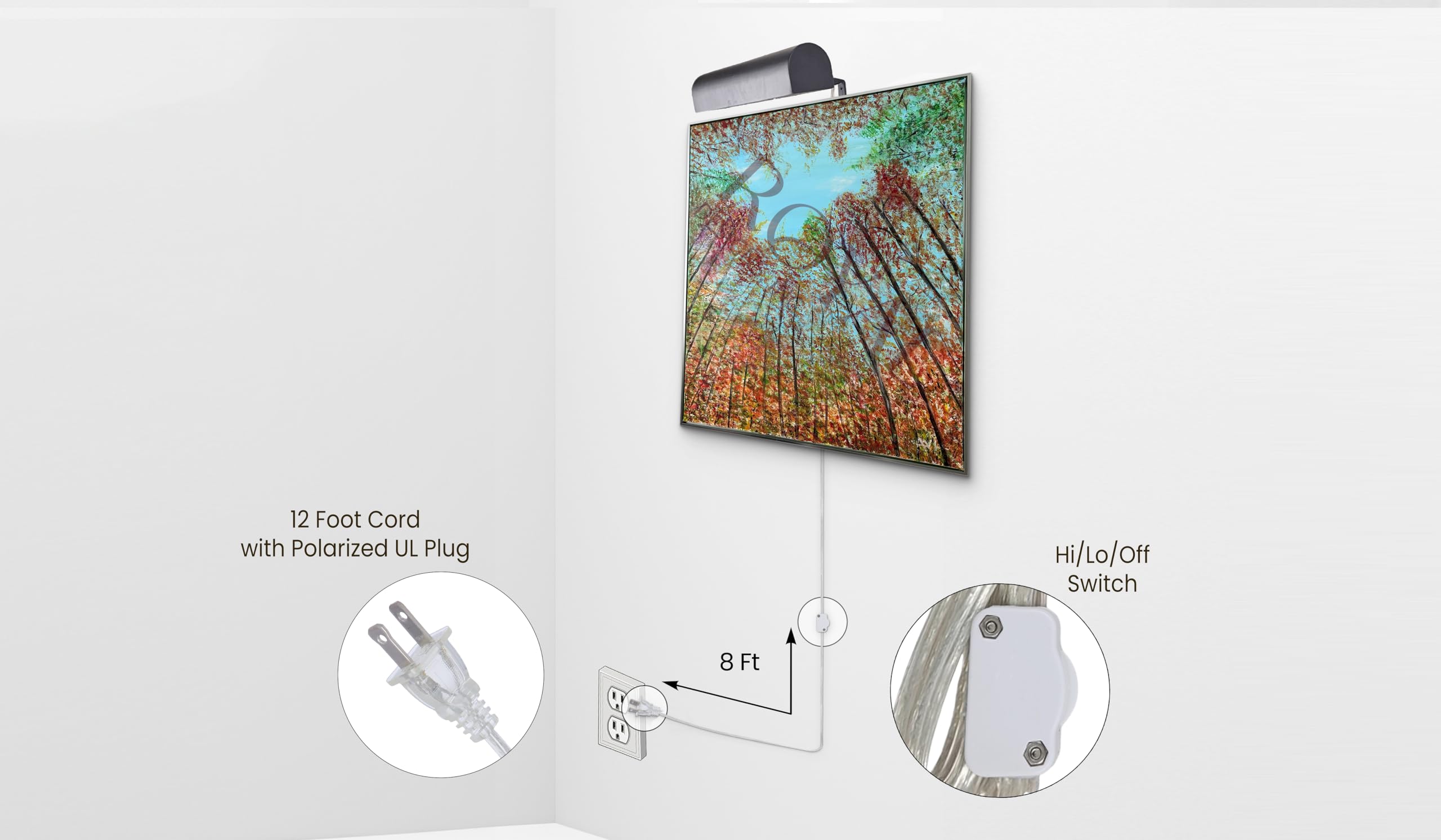 Royal Designs Plug-in Picture Light - 12 ft Cord with Hi/Low/Off Switch, Brushed Satin Brass Gallery Lighting for Artwork & Wall Decor (8.75 Inch) - Perfect for Home, Office & Museum Display