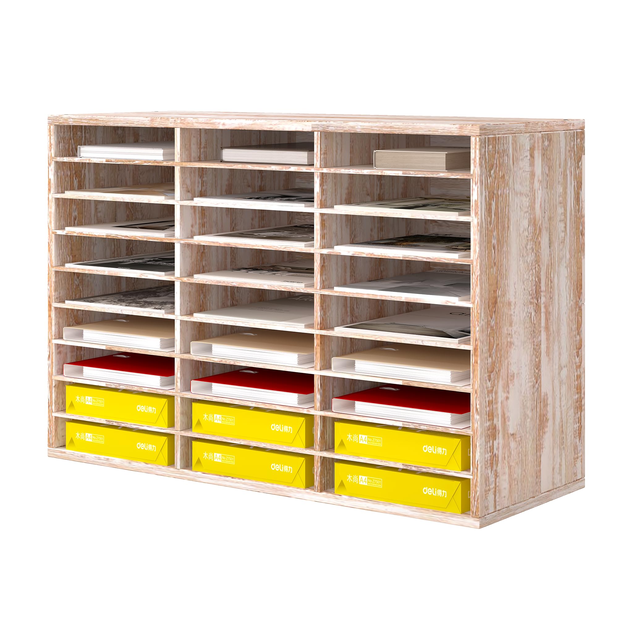 27-Slot Wooden Paper File Organizer for Desk - Large Retro White Mail Sorter for Office & Classroom - Perfect for Documents, Letters, and Office Supplies Organization