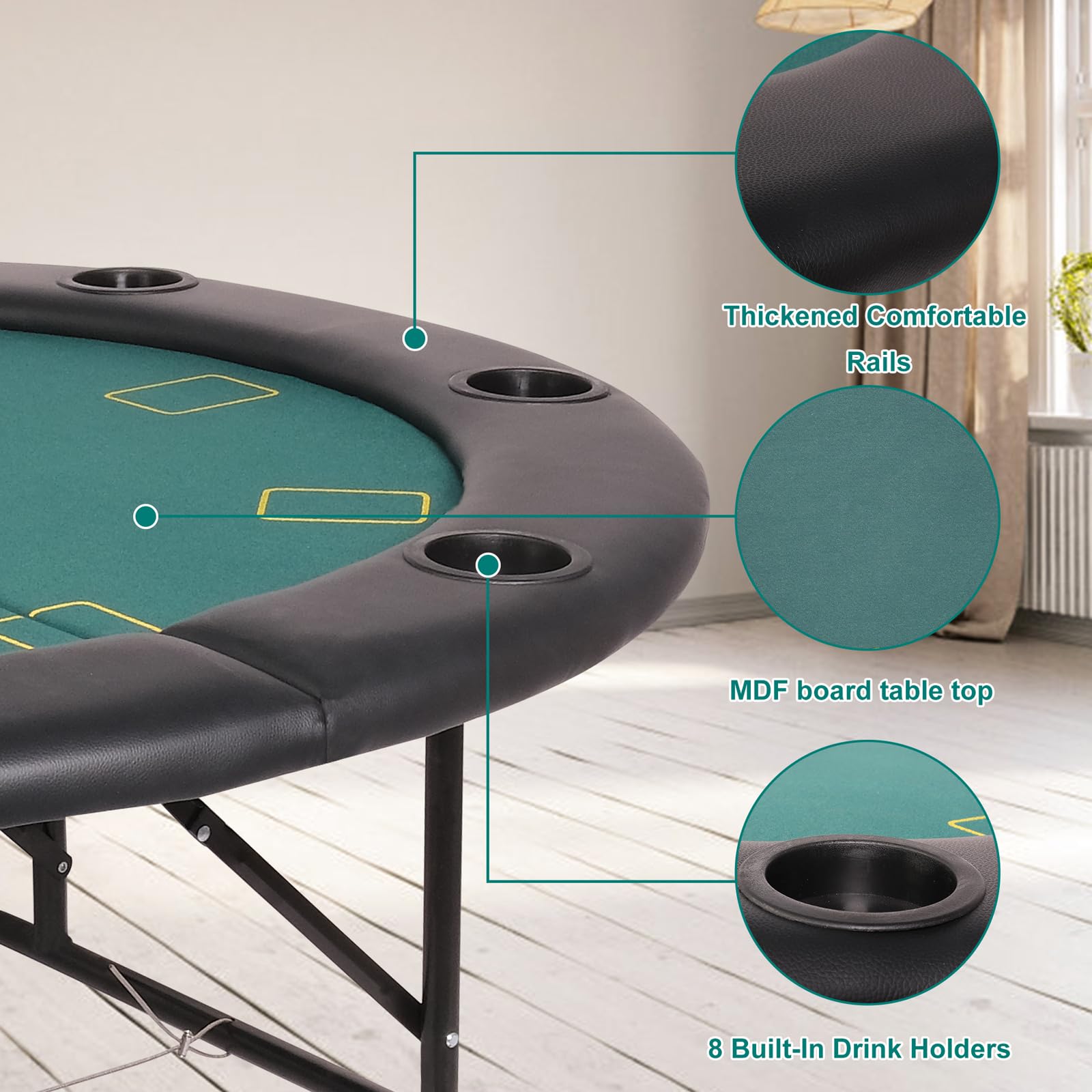 Premium 8-Player Foldable Poker Table - Water-Resistant Cushioned Rail & 8 Cup Holders - Casino-Grade Felt Surface for Texas Hold'em & Blackjack - Portable Round Poker Table for Home Game Nights & Casino Parties