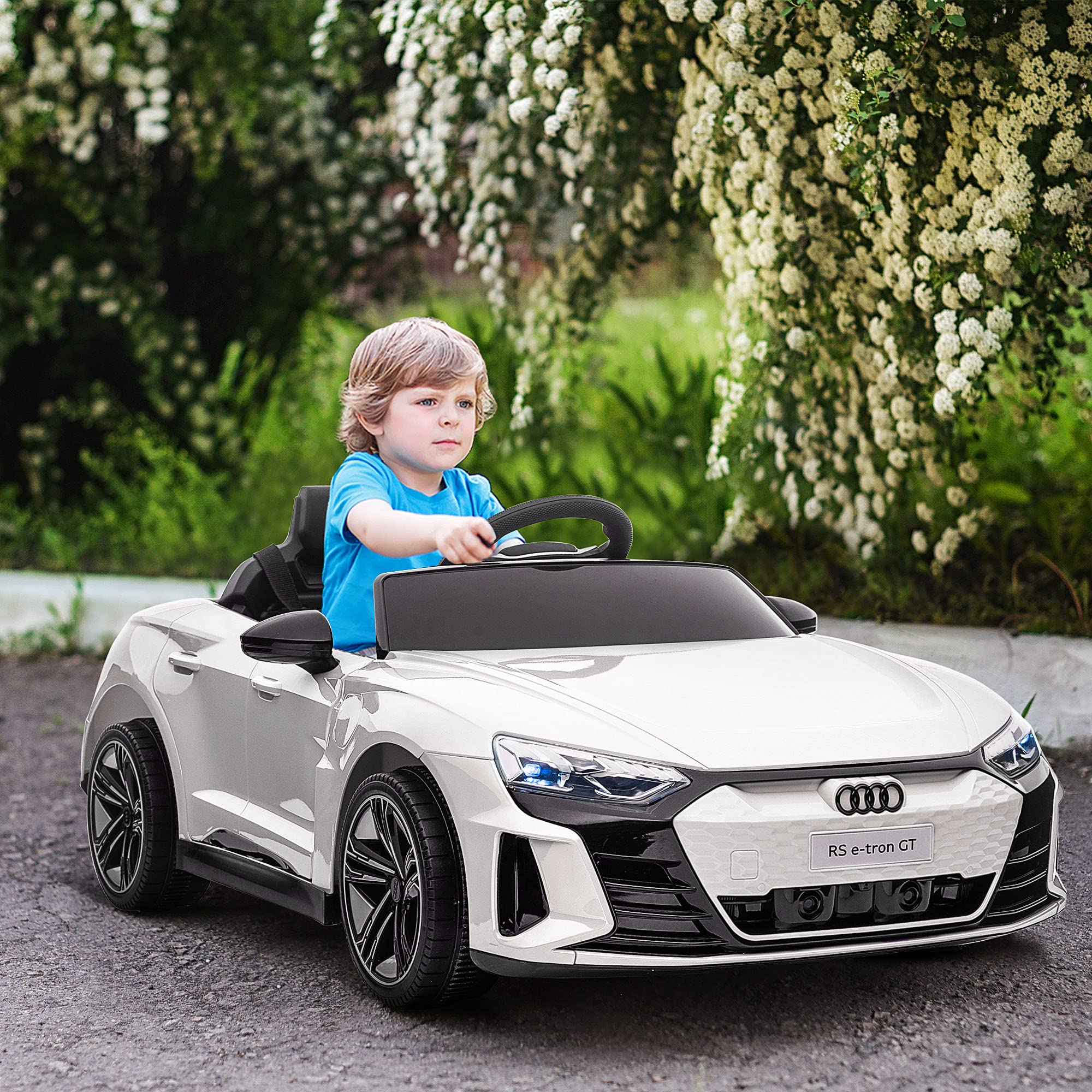 HOMCOM Electric Ride-On Car for Kids 3+ Years, Audi RS e-Tron GT 12V Battery-Powered Ride-On Toy with Remote Control, LED Headlights, Horn, USB Music & Door Opening, 3-5 km/h, White - Perfect for Outdoor Play, Birthday Gifts & Family Fun