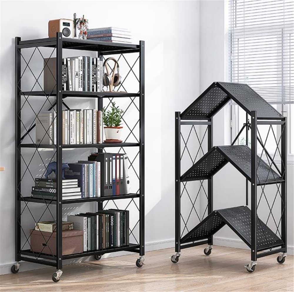 5-Tier Heavy Duty Metal Storage Shelf with Wheels - Foldable Freestanding Shelving Unit for Kitchen, Pantry, Closet & Garage (28