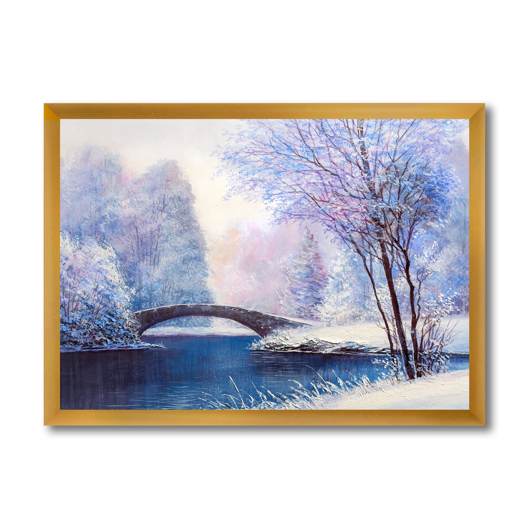 DesignQ Winter Scenery With Bridge Of Meandering River III Lake House Framed Wall Art - Landscape Canvas Painting for Living Room, Bedroom & Office Decor