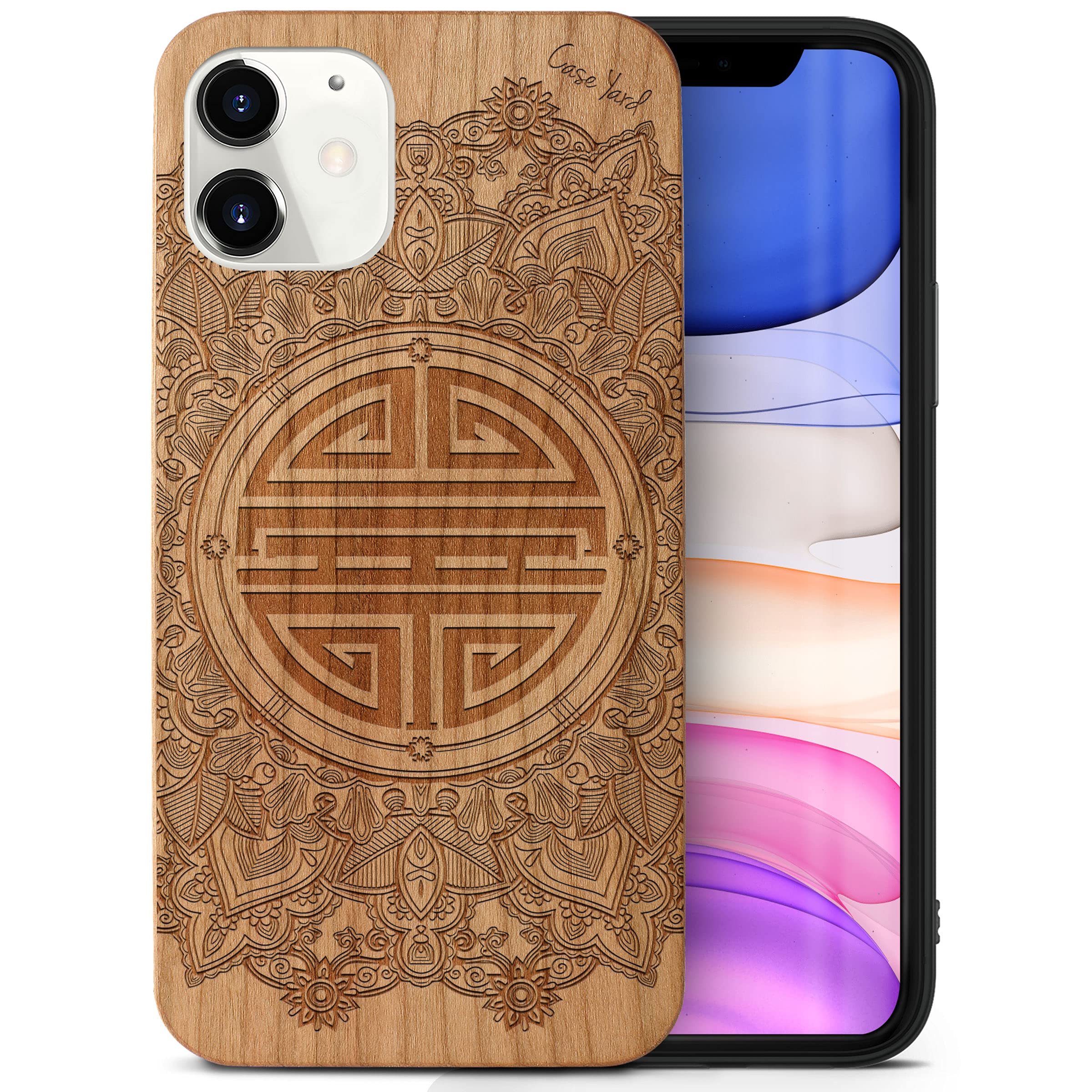 CaseYard Wood Phone Case for iPhone 12 Mini - Laser Engraved Chinese Mandala Design Cherry Wood Cover | Shockproof Slim Fit Protective Case for Men & Women | Perfect for Daily Use, Travel & Gift Giving